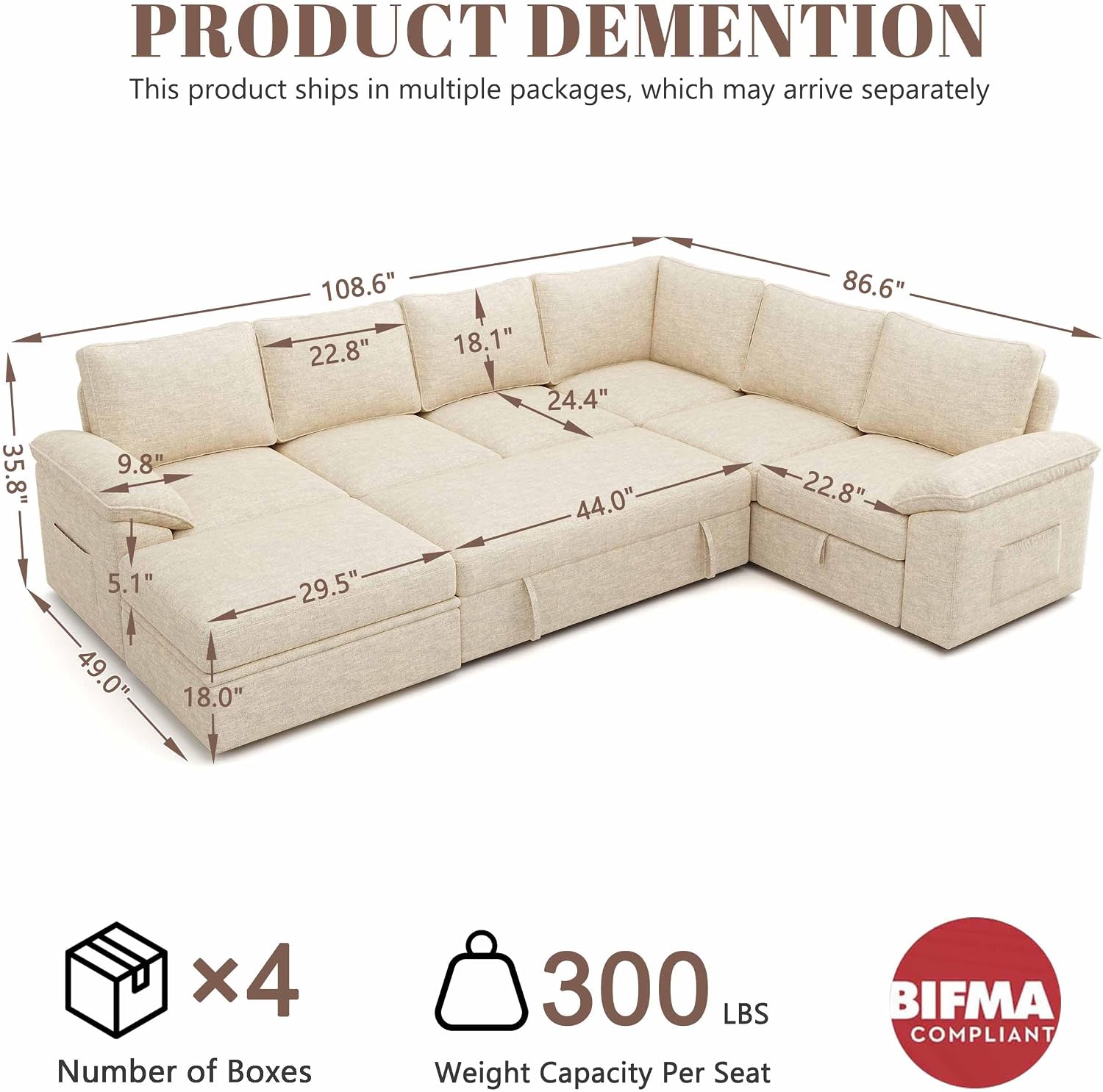 108 Inch Modular Sectional Sofa with Pull Out Bed,U Shaped 7 Seat Sectional Sleeper Sofa with Storage,Sectional Couches for Living Room,Cloud Modular Couch,Removable Sofa Cover,Beige