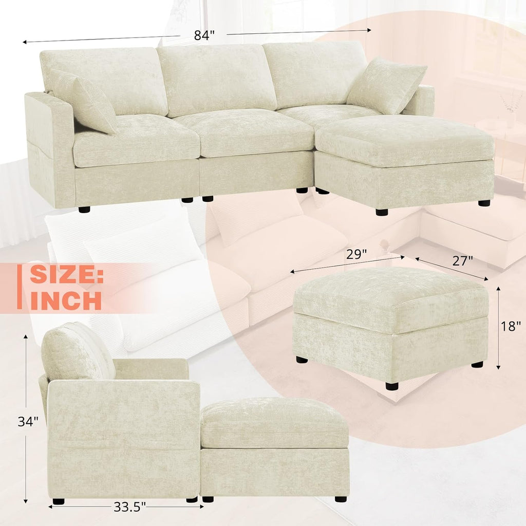 84' Chenille 3 Seats Sofa W/Movable Ottoman, Modern Fabric L-Shaped Couch with Soft Backrest, Upholstered Sectional Sofa with Armrest Pillows for Living Room, Office, Beige