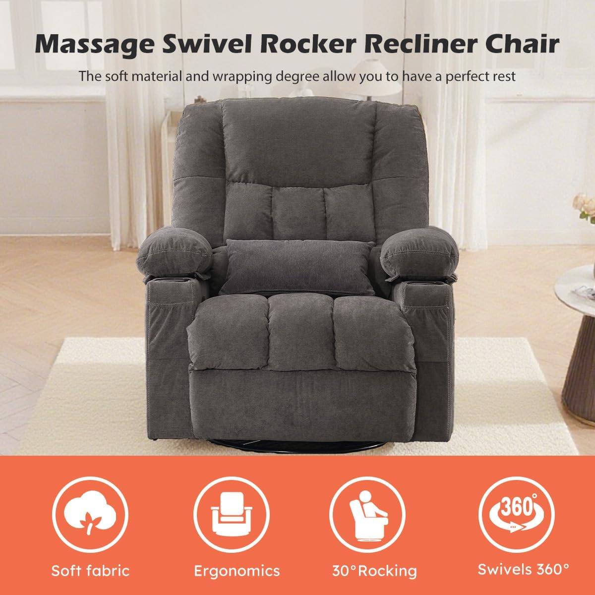 MAHOMICO Recliner Chair with Cup Holders for Living Room Single Seat Manual Oversized Recliner with Ergonomic, Side Pocket for Adult
