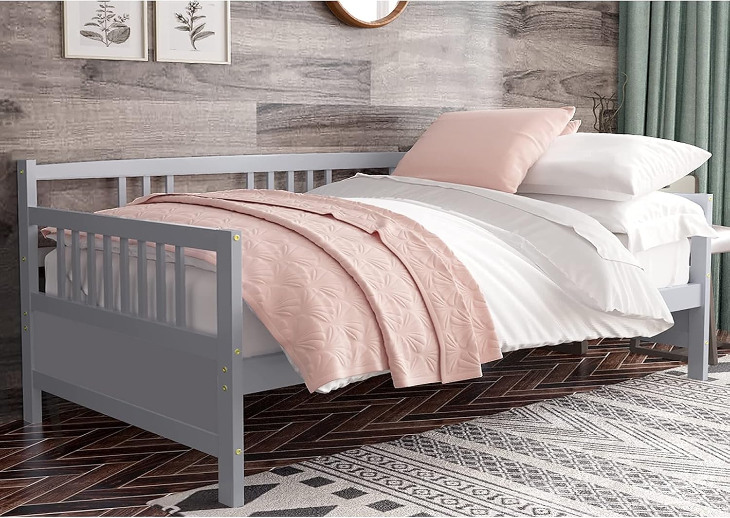Giantex Twin Daybed Frame, Wooden Sofa Bed Guest Bed with Rails & Wood Slat Support, Dual-use Twin Size Platform Bed Frame for Living Room Bedroom, No Box Spring Needed, Grey