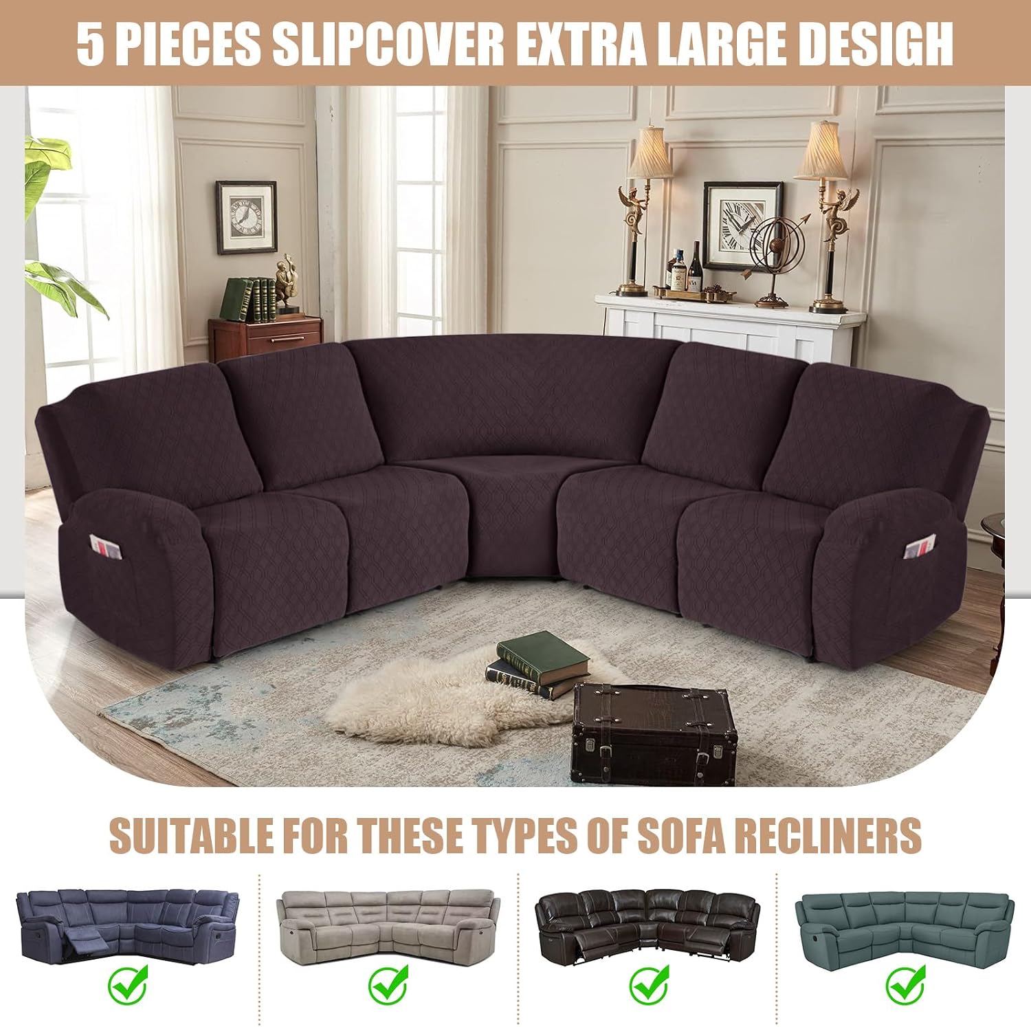 VANSOFY Extra Large Reclining Sectional Couch Covers, Washable 5-Piece Sofa Covers for L Shape Sectional Sofa Corner Seater, Thick, Soft Sofa Slipcovers (5 Seat Recliner Cover, Chocolate)