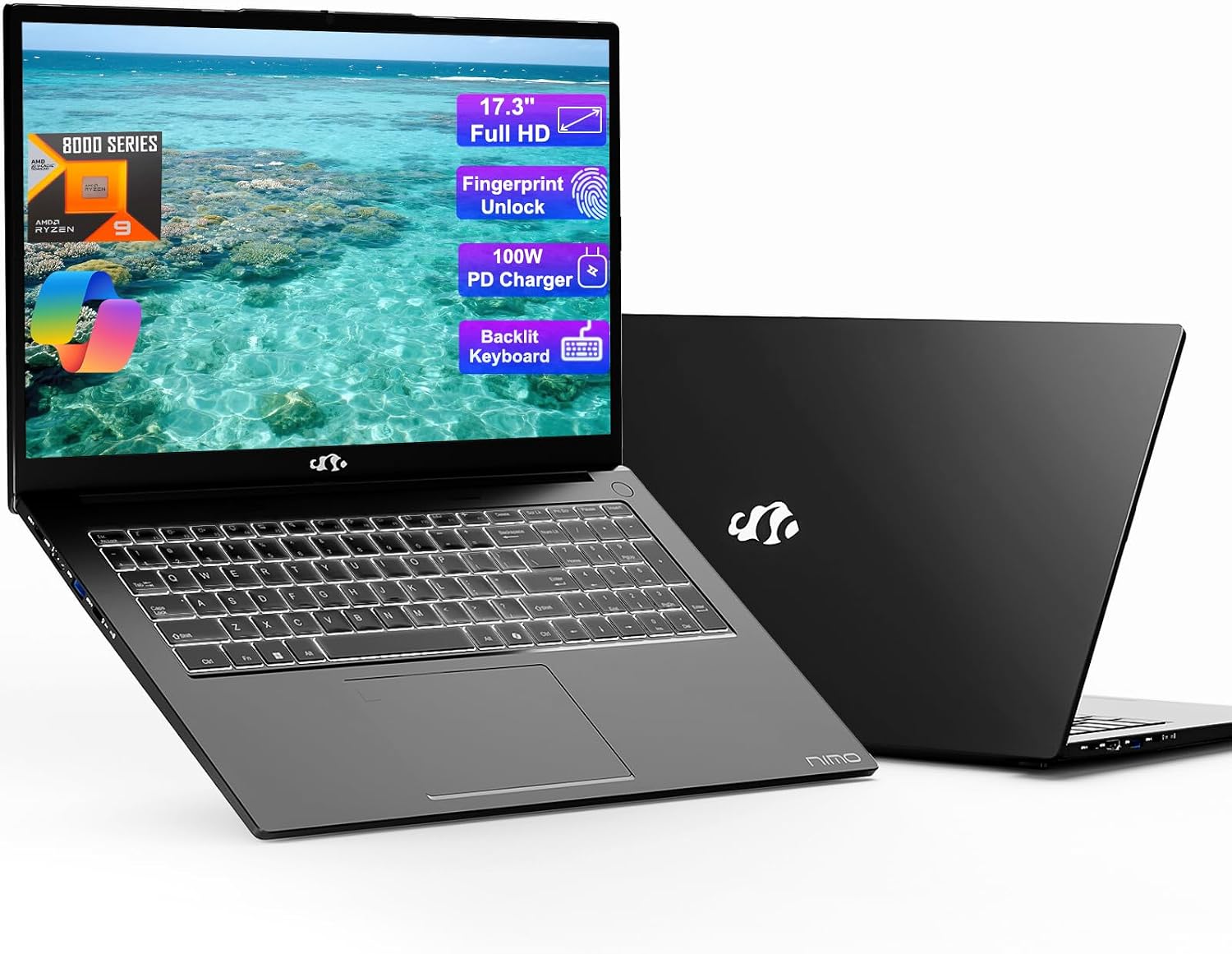 NIMO Gaming-Laptop, 17.3' IPS FHD 1080P Display, AMD Ryzen 9 8945HS 16GB DDR5 RAM 1TB SSD (Beat i9-13900H Up to 5.2GHz) Radeon 780M GPU, AI PC, 100W Type-C Backlit Keyboard Fingerprint Win 11