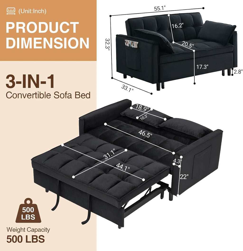 CAPCAEK 3 in 1 Convertible Sleeper Sofa Bed, Modern Velvet Loveseat Pull-Out Couch w/Pullout Bed, Small Love Seat Lounge Sofa w/Reclining Backrest,Toss Pillows, Pockets, for Living Room(Black, 55.1)