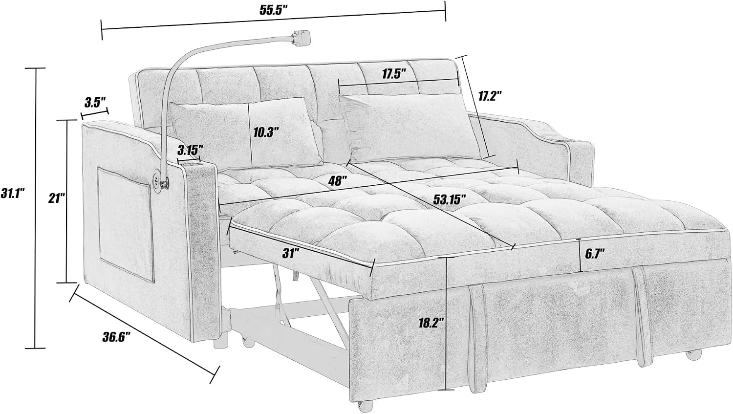 LUMISOL 55.5' Convertible Sleeper Sofa with Pull Out Bed, 3-in-1 Loveseat Sofa with USB Ports, 2 Cup Holders & Storage Pockets, Velvet Sleeper Sofa Bed with Adjustable Backrest, Black