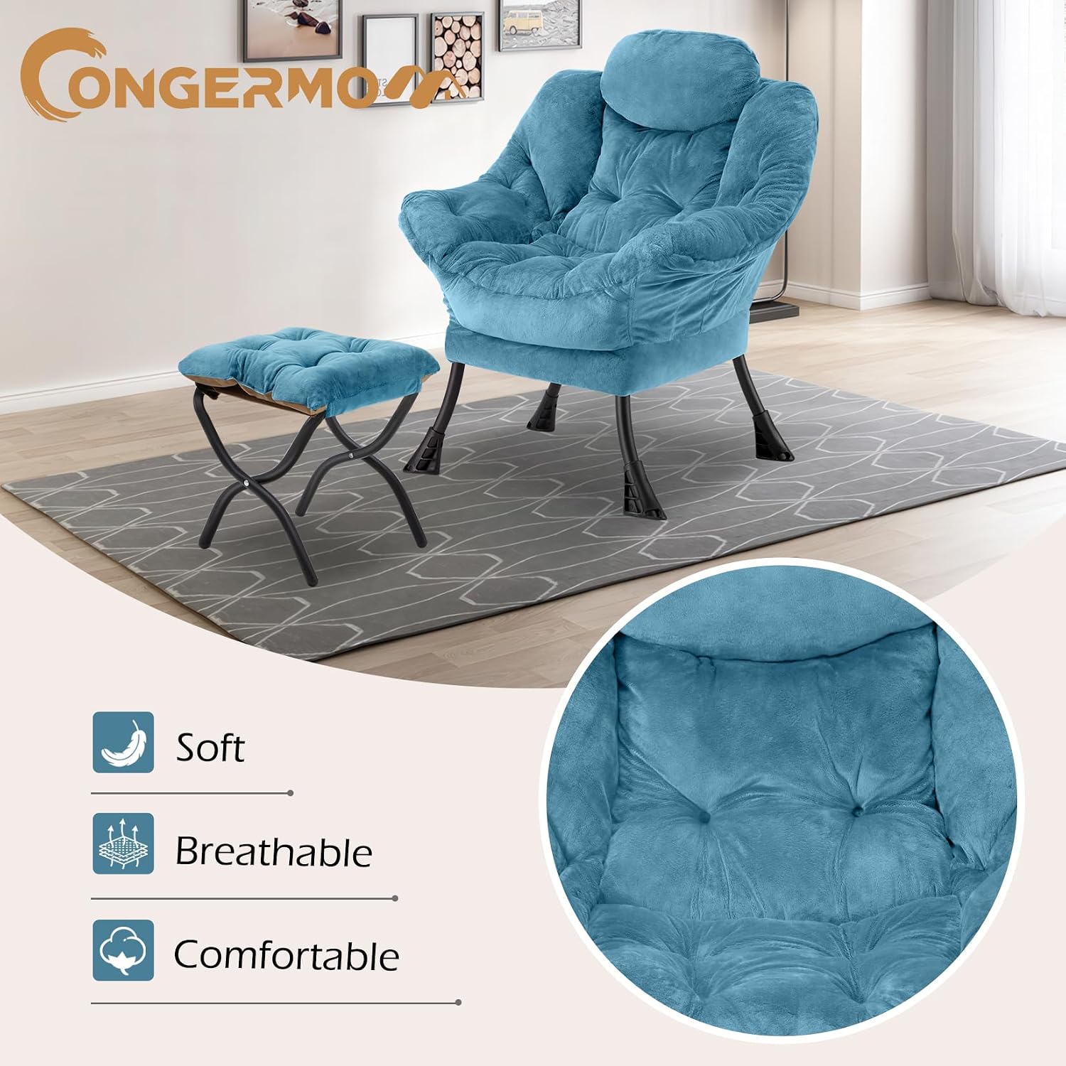 Lazy Chair with Folding Ottoman,Leisure Sofa Chair,Soft Fabric Armchair with Armrests and Side Pockets, Reading Chair with Footrest for Living Room, Bedroom, Office (Plush Blue)