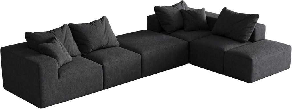 132' Modular Sectional Sleeper Sofa Couch, Modern Cloud Chenille Sectional Couch with Ottoman, Boneless U Shape Couches for Living Room, Free Combination, No Assembly Required, Black