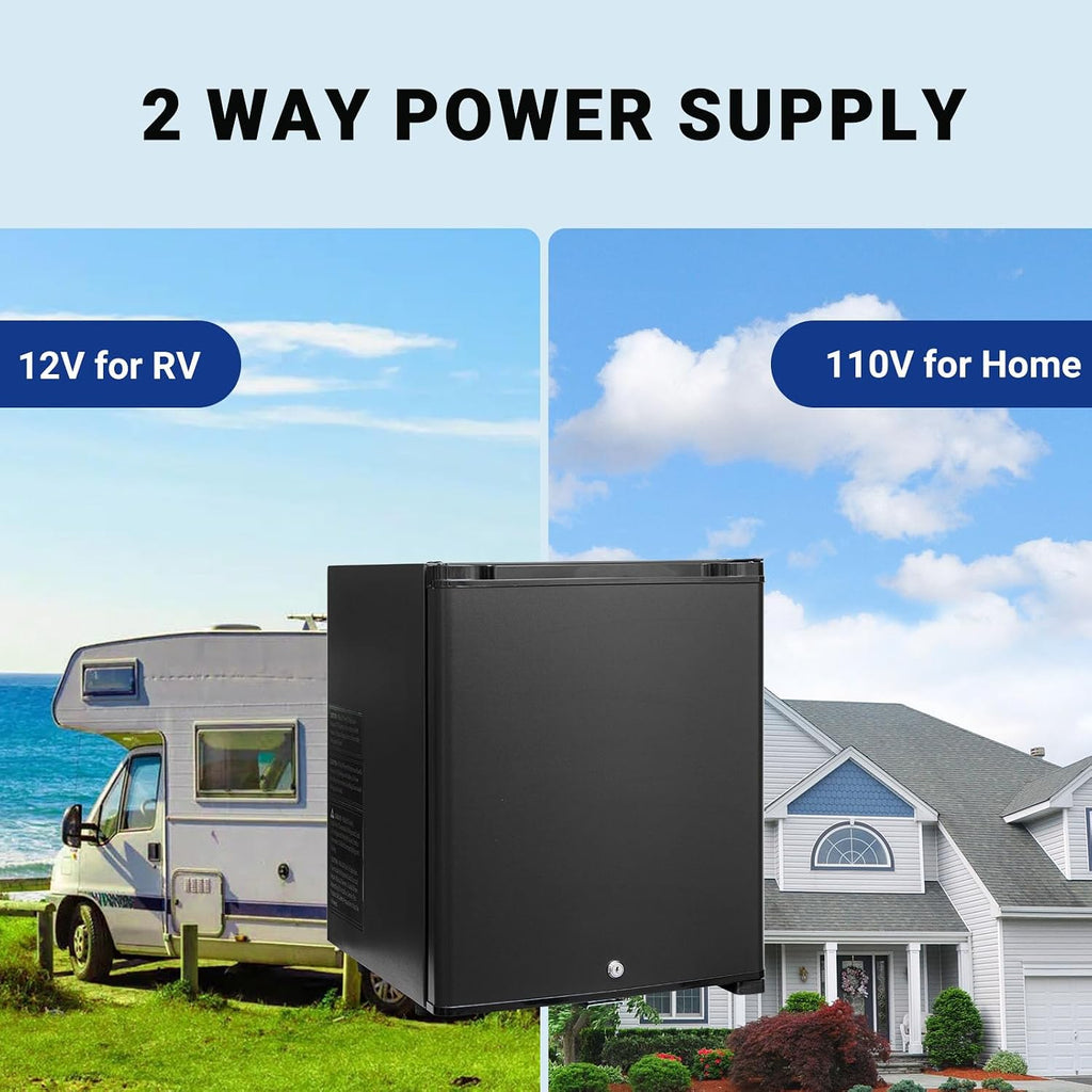 12V/110V Mini Fridge with Lock, AC/DC Compact Refrigerator, Reversible Door, Quiet Absorption Refrigerator for RV Camper, Caravan, Boat,1.4 Cu.Ft, Light, Black