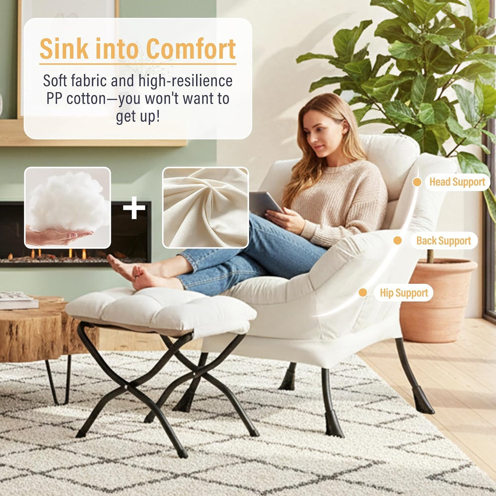 Furlide Lazy Chair with Ottoman, Modern Accent Chair with Armrests and a Side Pocket, Beige Accent Chairs, Reading Chairs, Oversized Armchairs for Bedroom, Study, Living Room, Courtyard