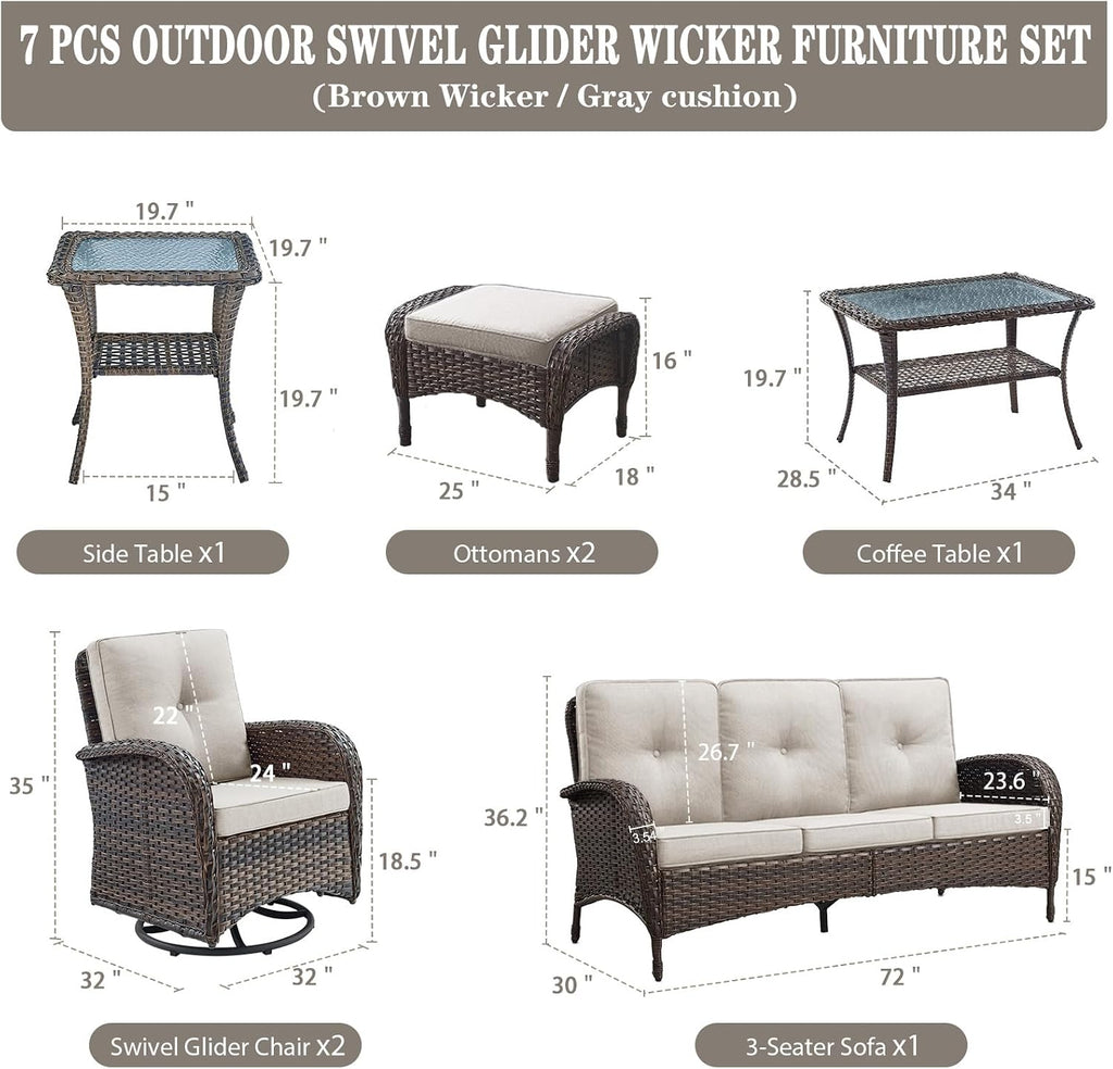 Belord Wicker Outdoor Furniture Set - 7 Piece Patio Conversation Sets with Comfort Swivel Rocker Glider Patio Chairs Set of 2 and Rattan Sofa, Tempered Glass Coffee Table and Side Table,Brown/Beige
