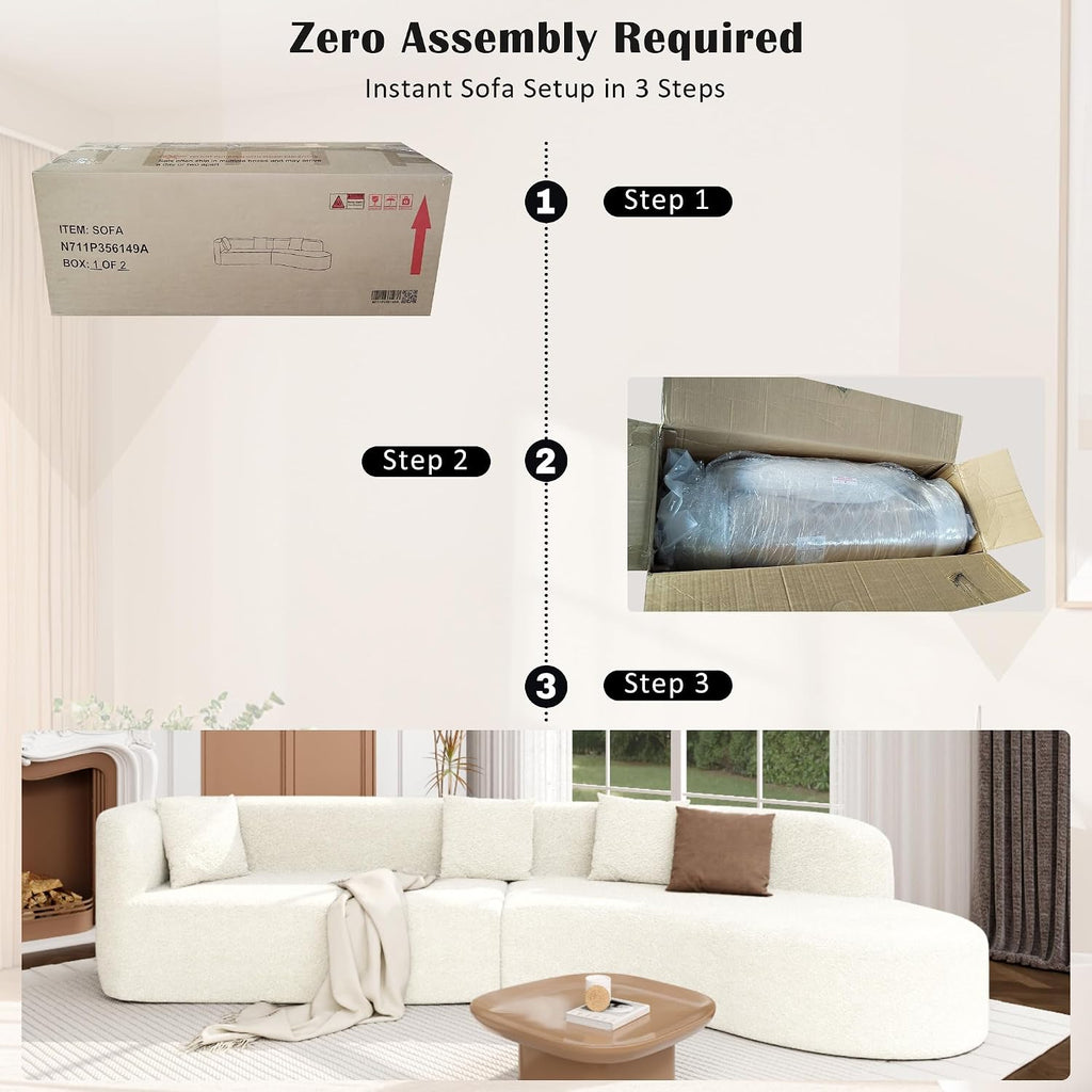 Merax Modern Minimalist Large 2-Piece Sectional Curved Chenille Sofa with 3 Pillows and High-Density Foam for Luxurious Comfort and Seamless, for Living Room, Bedroom, White