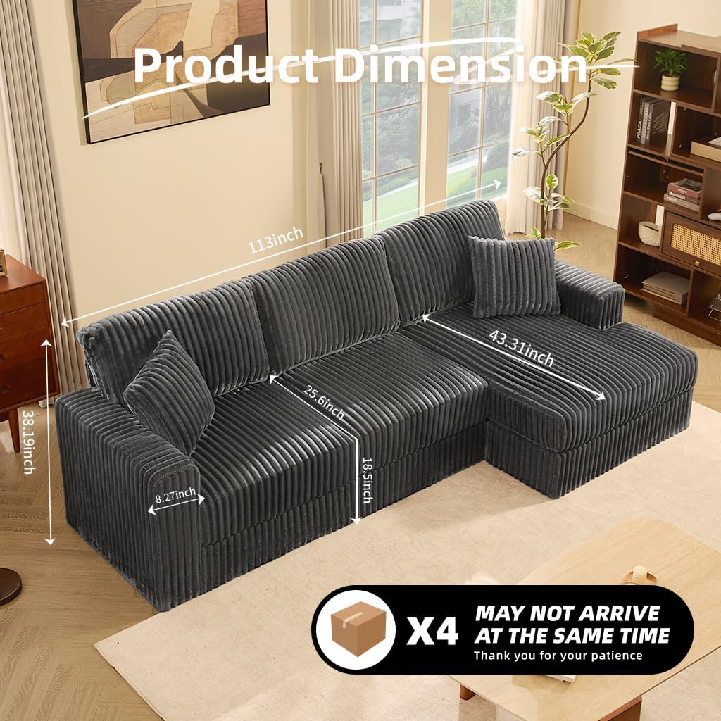 Cloud Couch 113' L-Shaped Couch (Not Boneless), 3-Seater Modular Sectional Couch, Queen Sofa with Corduroy Upholstery, Deep Seats, High Backrest & Pocket Spring Cushions, Right Facing Chaise, Grey