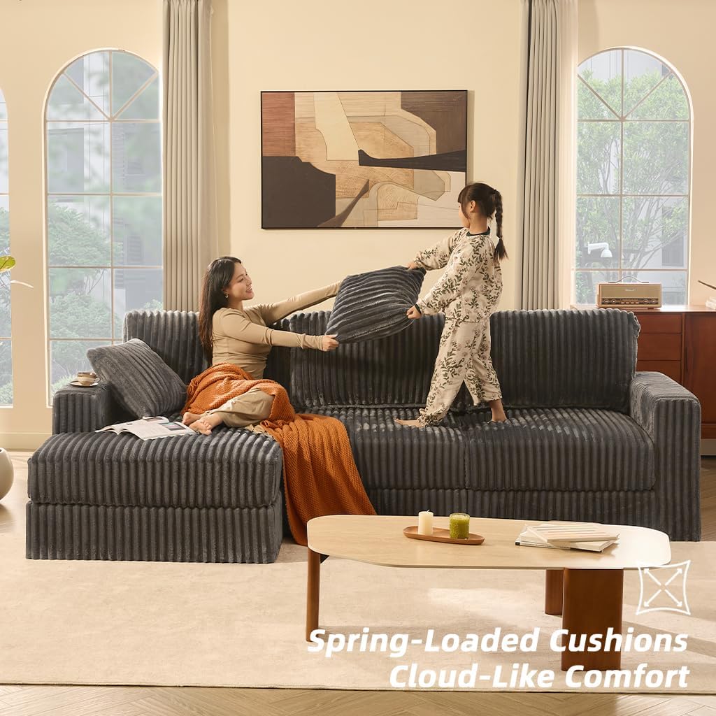 Cloud Couch 113' L-Shaped Couch (Not Boneless), 3-Seater Modular Sectional Couch, Queen Sofa with Corduroy Upholstery, Deep Seats, High Backrest & Pocket Spring Cushions, Left Facing Chaise, Grey