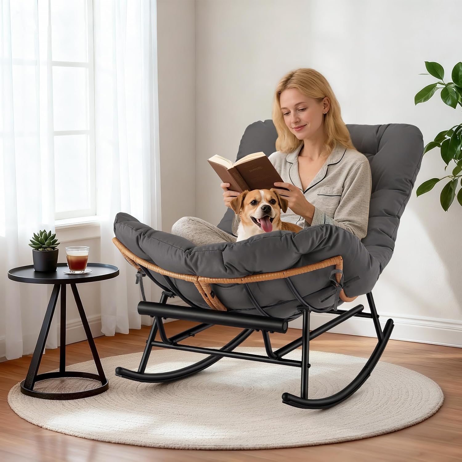 Garvee Papasan Rocking Chair with Foot Rest, Oversized Papasan Chair with Thick Removable Cushion and Metal Frame, Lounge Chairs and PE Rattan Rocker for Patio, Porch, Garden, Lawn, Living Room