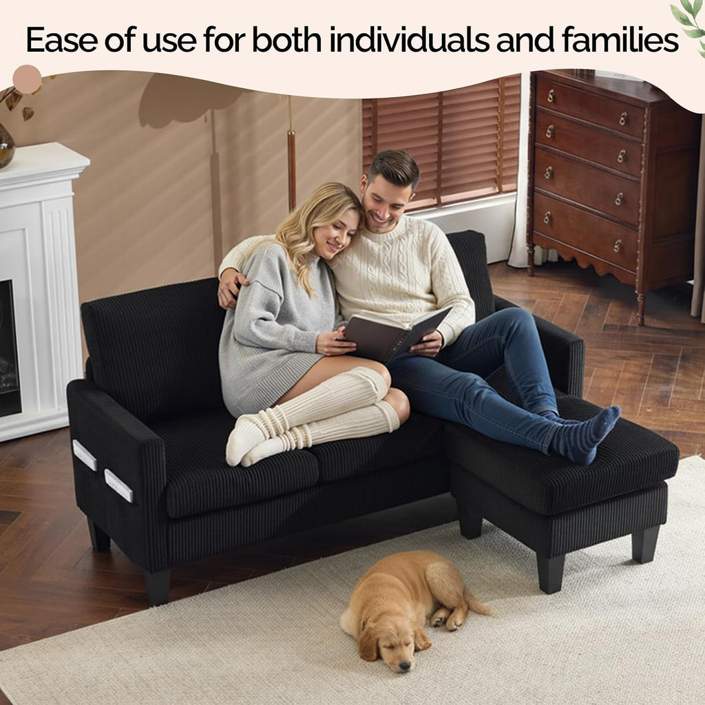VINGLI 68.5' L Shaped Couch with Movable Storage Ottoman, Convertible Sectional Sofa in Soft Corduroy Fabric, Modern Reversible Chaise Couch for Small Spaces, Apartment, Living Room，Black