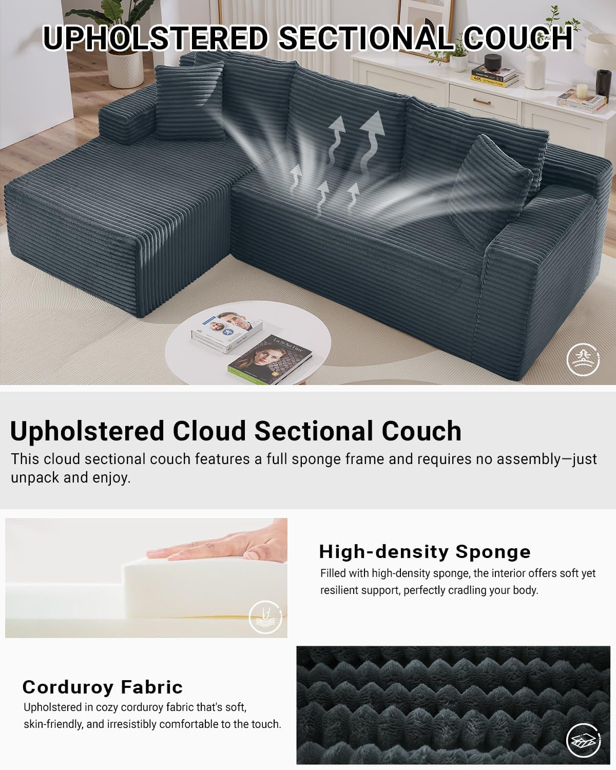 105 Inch Cloud Sectional Couch,Modern Modular Sectional Sofa with Deep Seat,Corduroy Boneless Couches with L-Shape Chaise for Living Room Bedroom,No Assembly Required (Dark Grey, Left Facing Chaise)