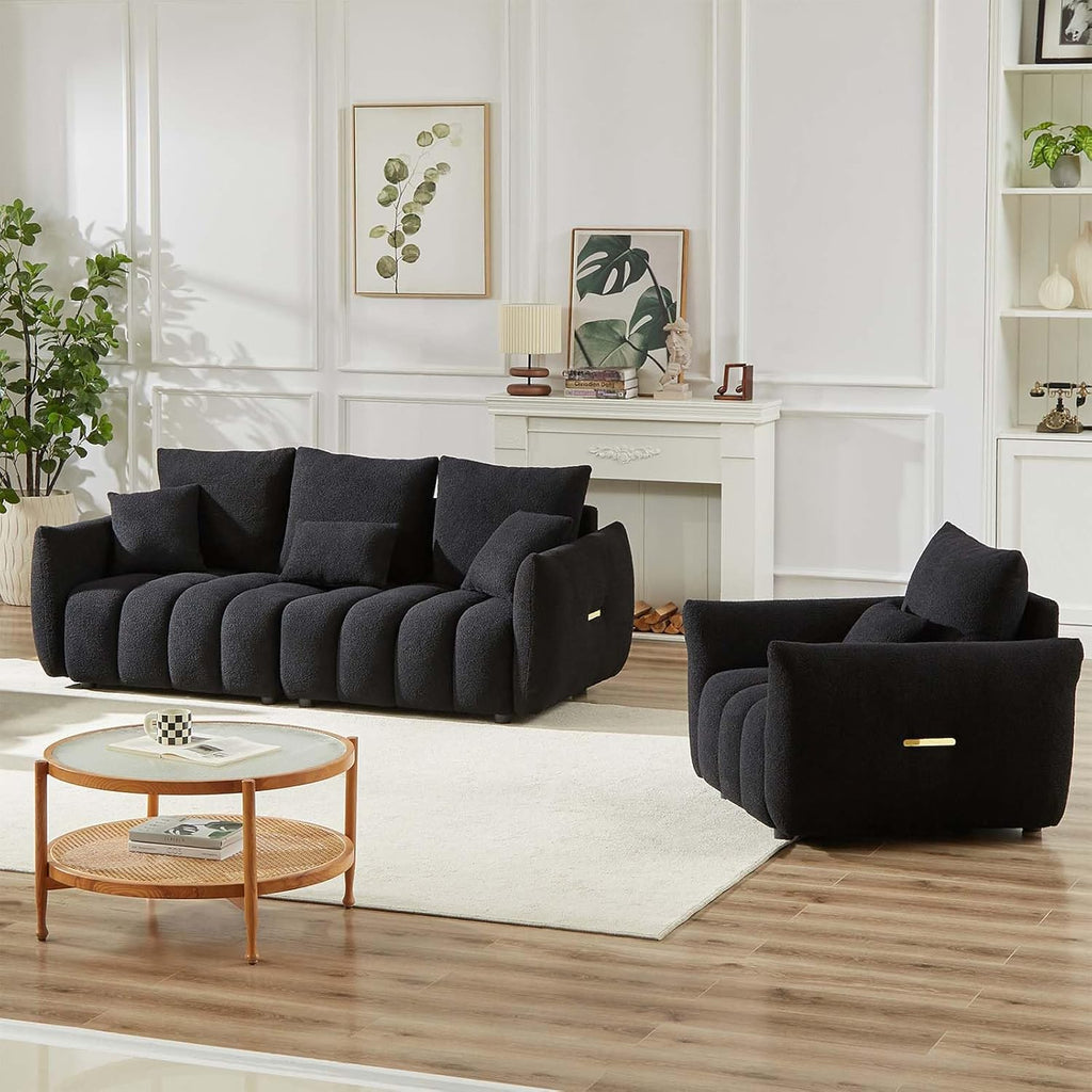 Antetek Teddy Sofa Set for Living Room, Modern Deep Seat Sofa Chair and Oversized 3-Seater Cloud Boucle Couch for Bedroom, Office, Apartment, Furniture Set, Black (2 Piece)