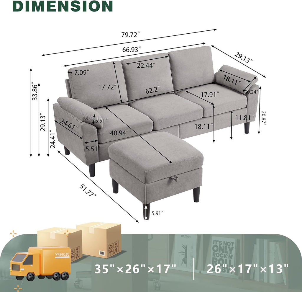 80' Convertible Sectional Sofa, Small L Shaped 3 Seat Couch with Reversible Storage Chaise, Modern Polyester Fabric Sofa Couches for Living Room, Apartment and Small Space, Light Grey