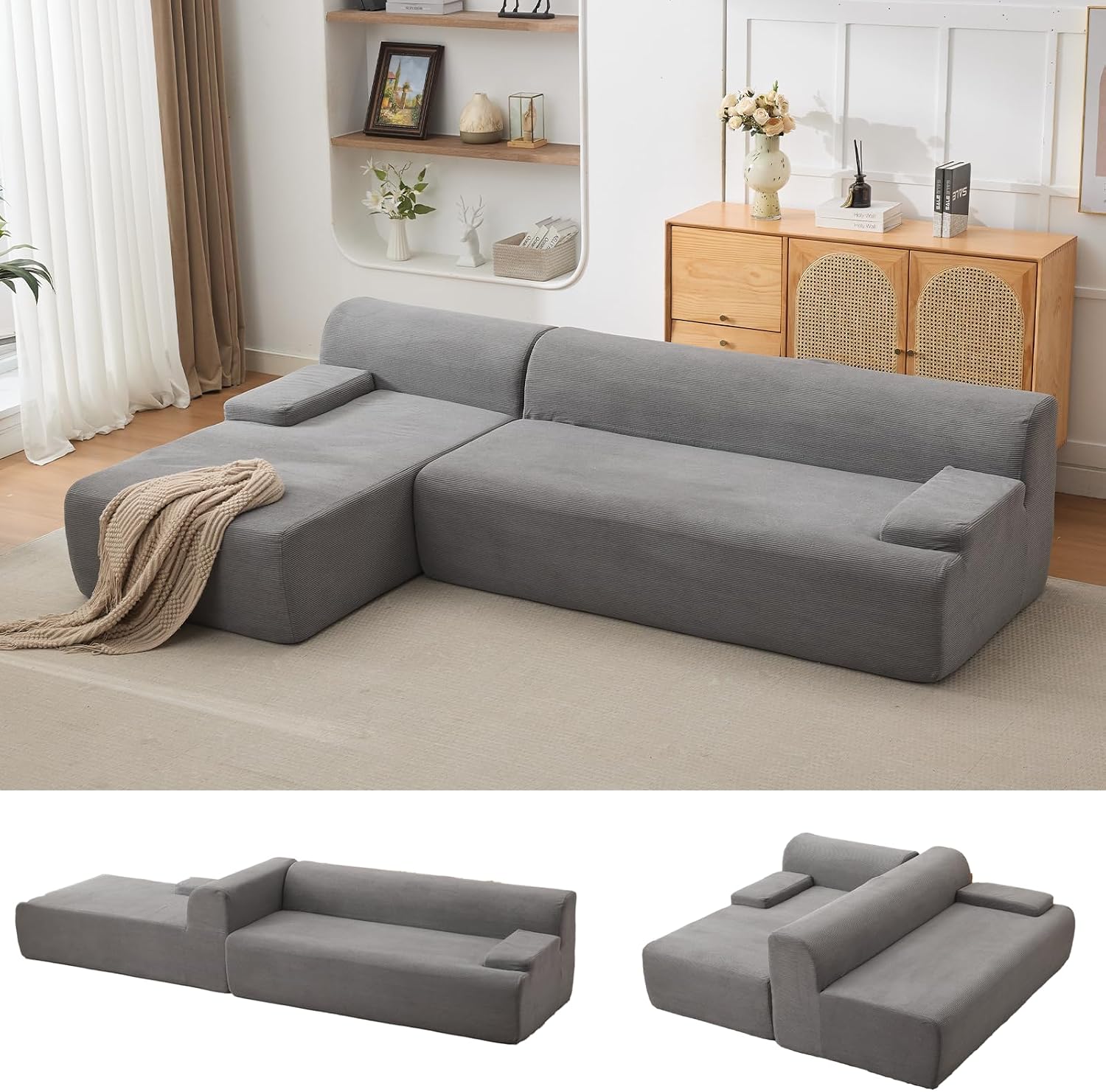 Garvee 108'' Modular Sectional Sofa, Left Facing Chaise L-Shaped Boneless Couch, Ultra Deep Seat Modern Sectional Sofa for Living Room, 5mm Wale Corduroy Fabric, Gary