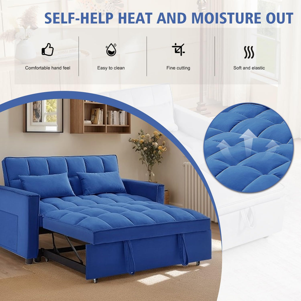 3 in 1 Convertible Sleeper Sofa Bed, 54'' Full Size Velvet Pull Out Futon Couch Recliner with Reclining Backrest & 2 Pillows, Small Loveseat Lounge Couches for Small Spaces (Dark Blue)