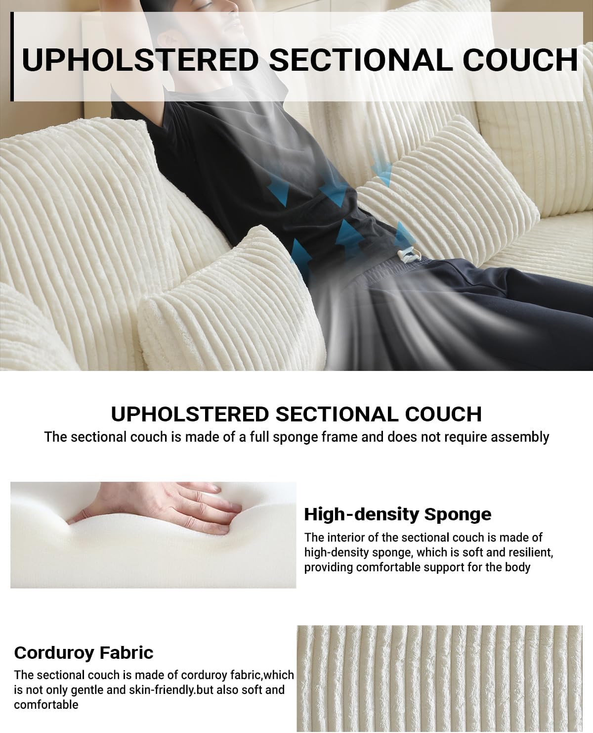 110' Modular Sectional Sofa, Cloud Sectional Couch with Deep Seat, Upholstered Boneless Couches for Living Room, Modern Modular L-Shape Sofa Couch with Chaise (Beige, 110' Left Facing Chaise)