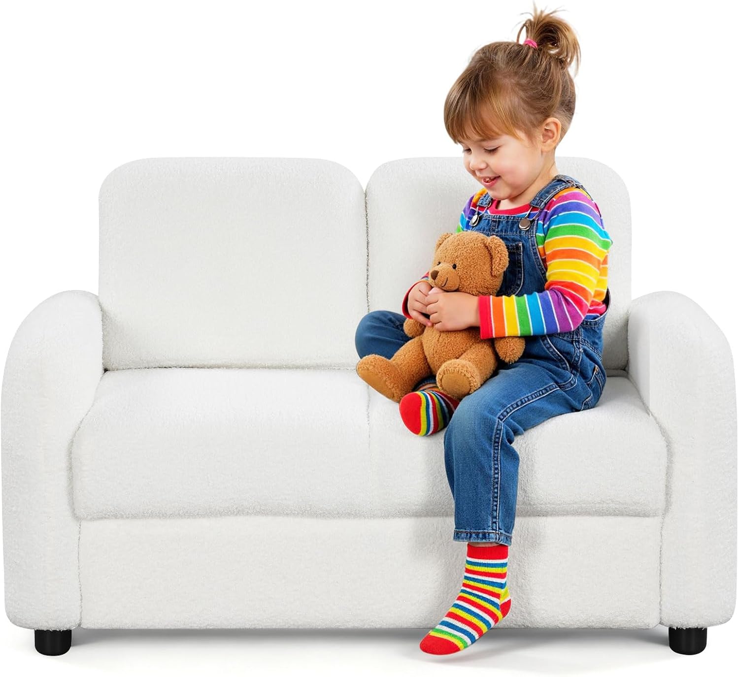 Costzon Kids Couch, 2 Seat Toddler Armrest Chair w/Teddy Fleece Upholstery & Solid Wooden Frame, Double Seat Children's Sofa for Preschool, Bedroom, Playroom, Daycare, Ideal Gift for Girls Boys