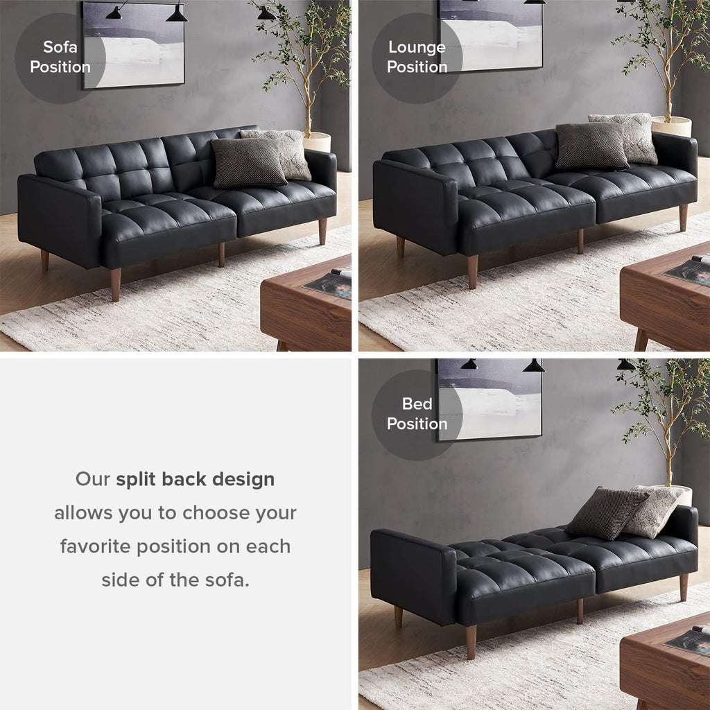 mopio 76.4' Futon Sofa Bed, Couch, Loveseat, Sleeper Sofa, Mid Century Modern Futon Couch, Sofa Cama, Couches for Living Room (Aaron PU, Midnight Black)
