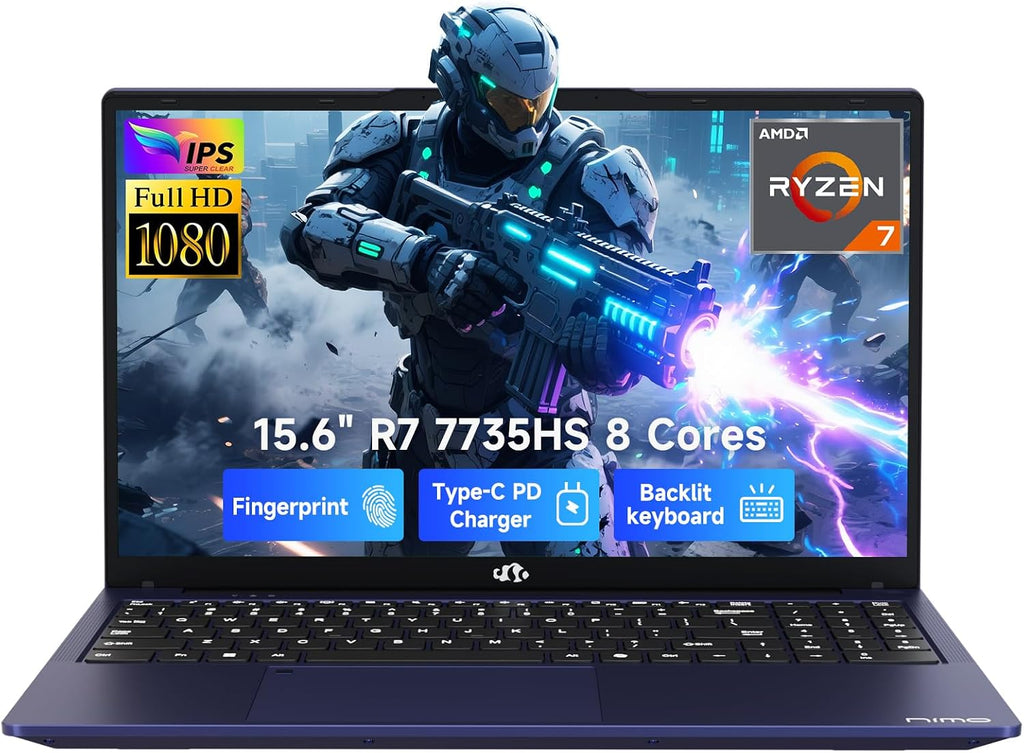 NIMO Gaming Laptop, 15.6' FHD Laptop with AMD Ryzen 7 7735HS (8C / 16T, Up to 4.75GHz, Beat i7-12650H), 32GB DDR5 RAM 1TB SSD Laptop for Business & Student, Radeon 680M, 100W Type-C, 180° Viewing