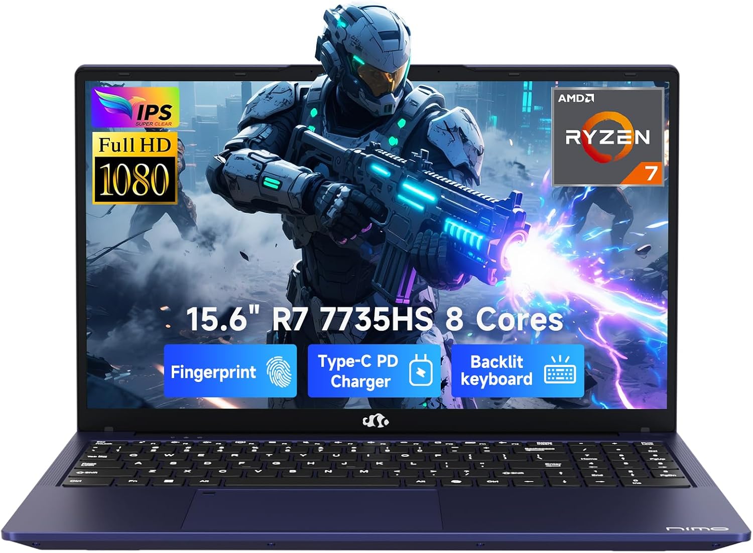 NIMO Gaming Laptop, 15.6' FHD Laptop with AMD Ryzen 7 7735HS (8C / 16T, Up to 4.75GHz, Beat i7-12650H), 32GB DDR5 RAM 1TB SSD Laptop for Business & Student, Radeon 680M, 100W Type-C, 180° Viewing