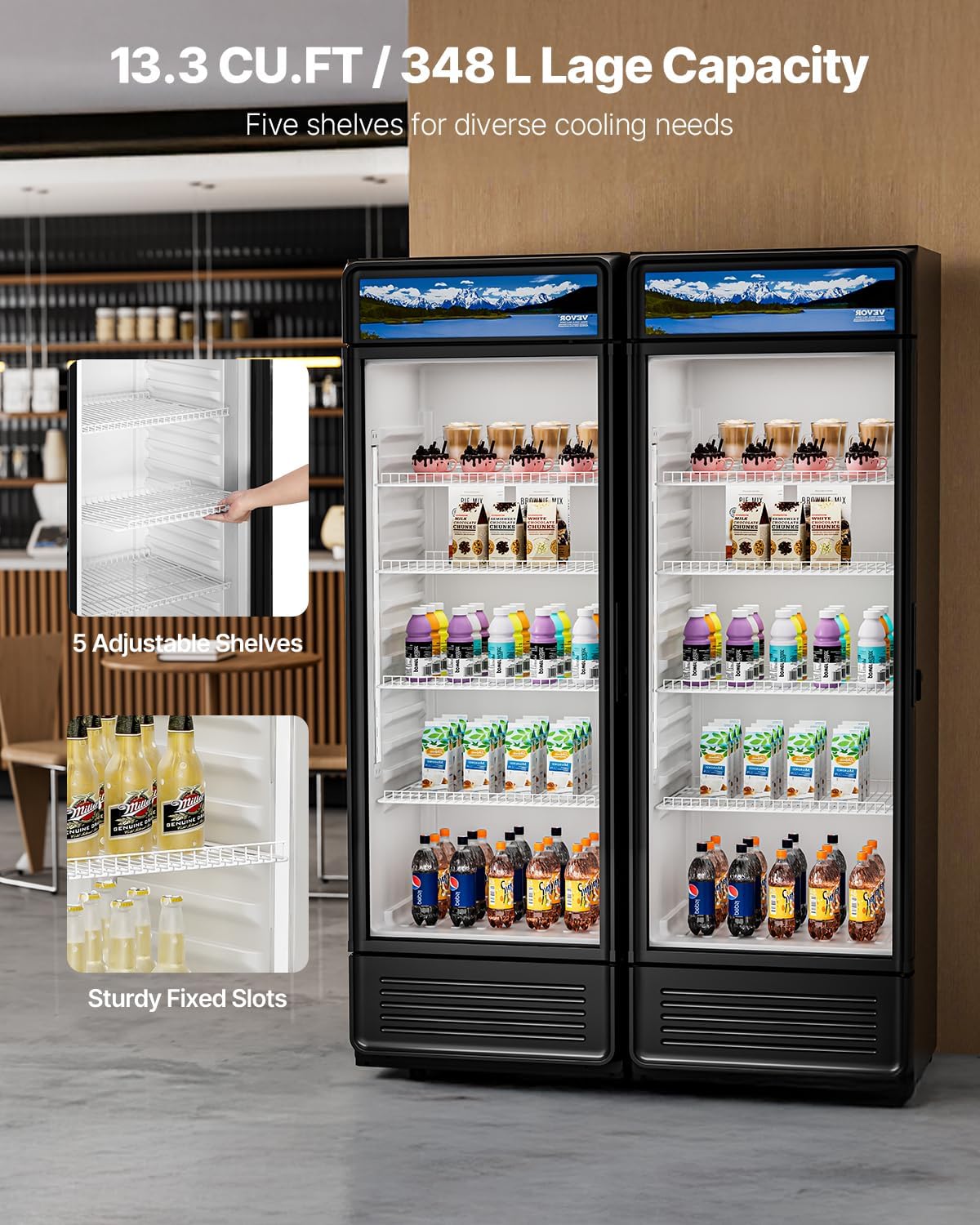 VEVOR Commercial Merchandiser Refrigerator, 13.3 CU.FT Glass Door Display Refrigerator, Beverage Cooler Merchandiser with Adjustable Shelves, Soft LED Light, Customizable Lightbox, Black