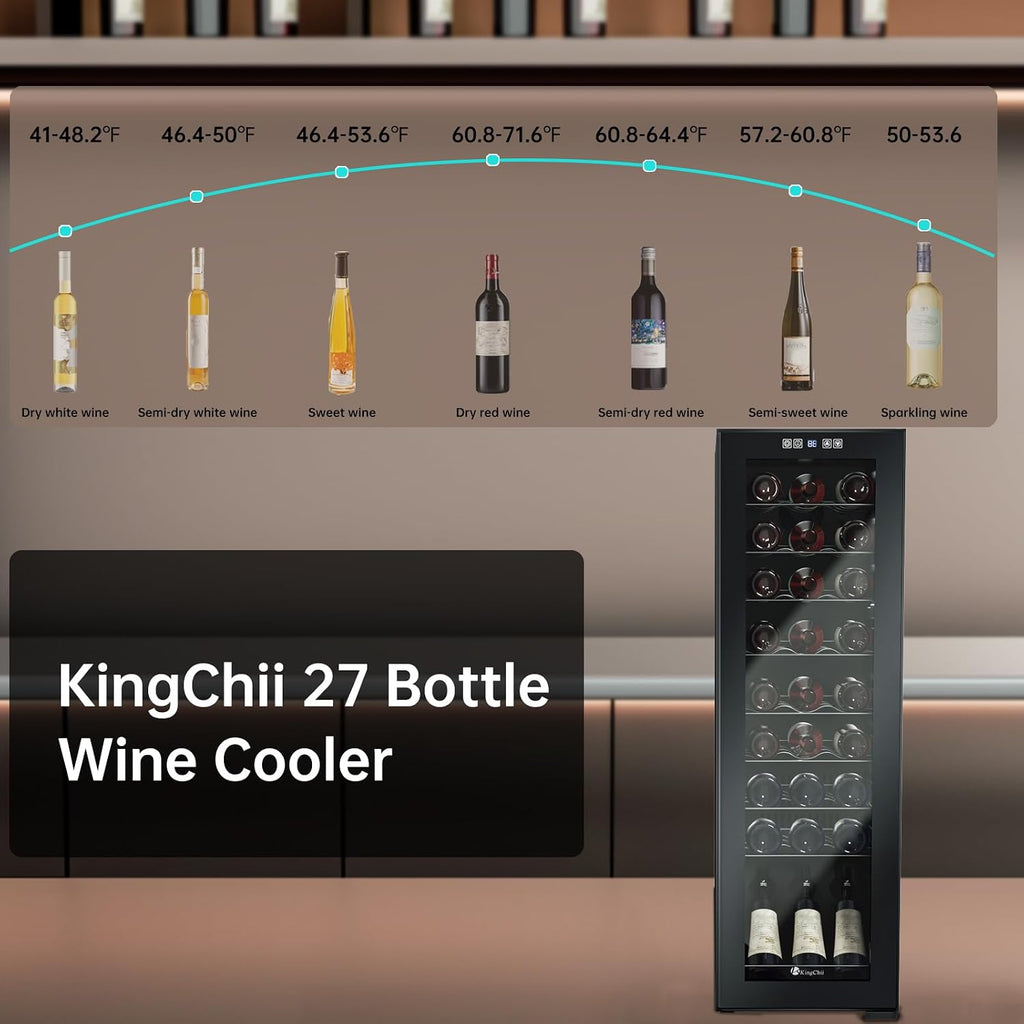 KingChii 27 Bottle Wine Cooler Refrigerator Freestanding Wine Fridge - Intelligent Digital Control, Low Noise Professional Compressor, Tempered Glass for Home, Office, or Kitchen