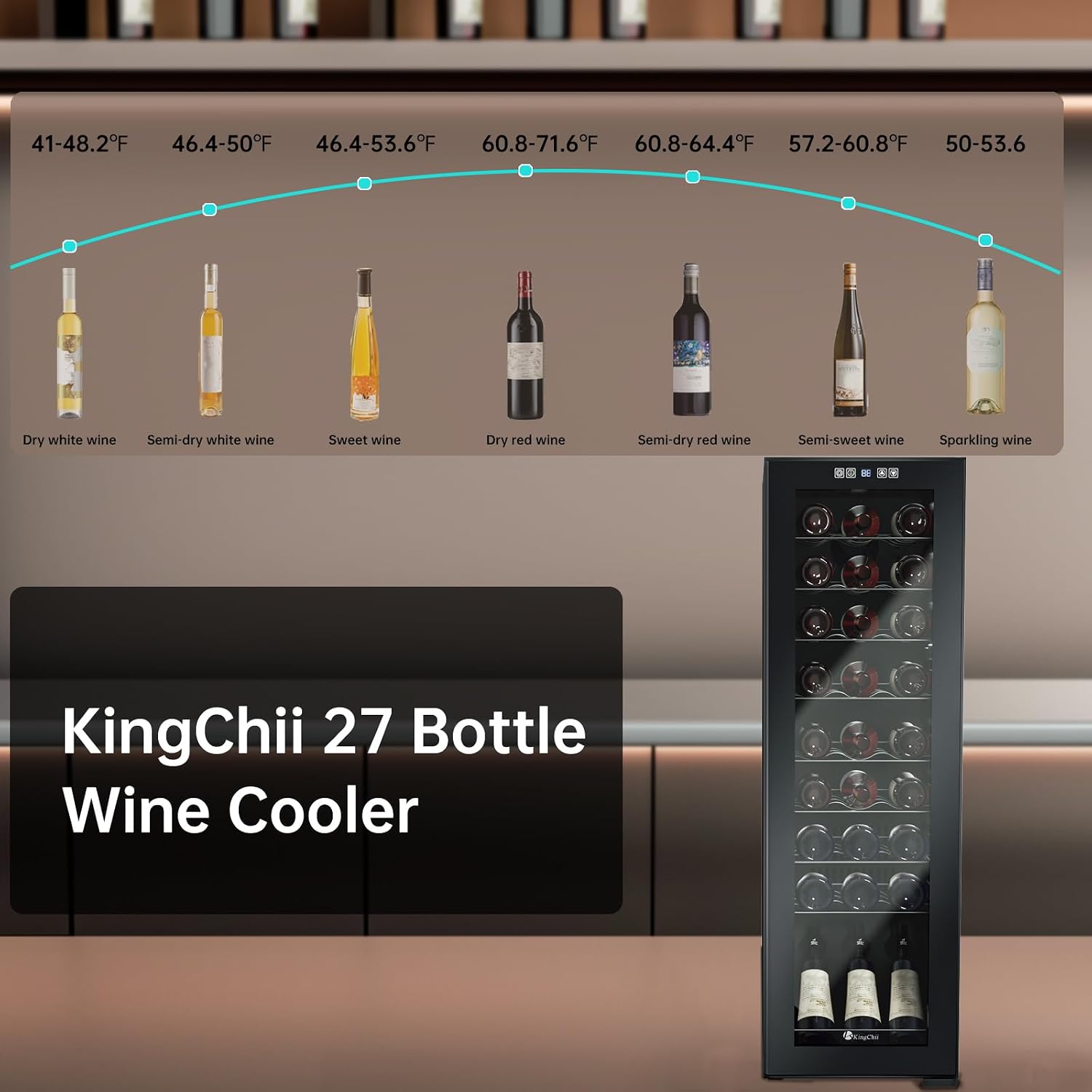 KingChii 27 Bottle Wine Cooler Refrigerator Freestanding Wine Fridge - Intelligent Digital Control, Low Noise Professional Compressor, Tempered Glass for Home, Office, or Kitchen
