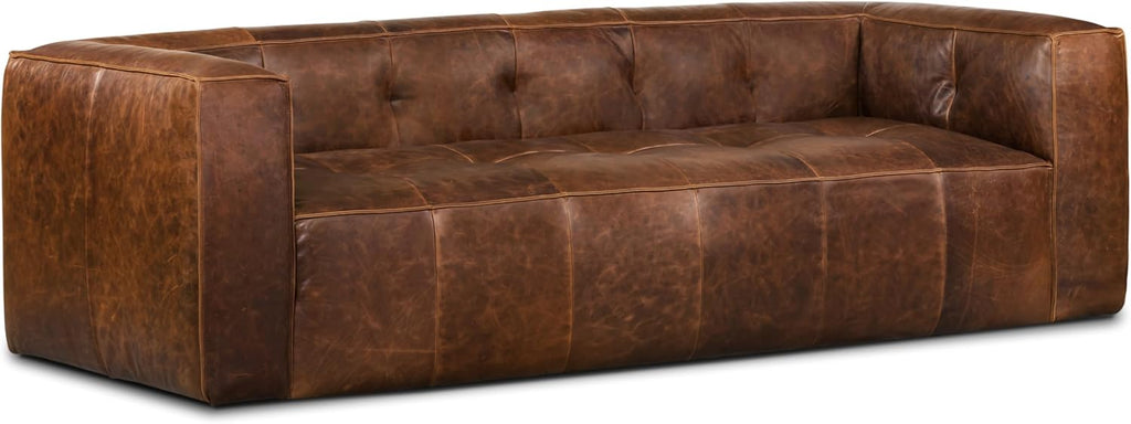 POLY & BARK Capa 96.5' Sofa – Chocolate Brown Full-Grain Pure-Aniline Italian Leather, Boxy Modern Design, Feather-Fiber Cushions, Solid Wood Frame
