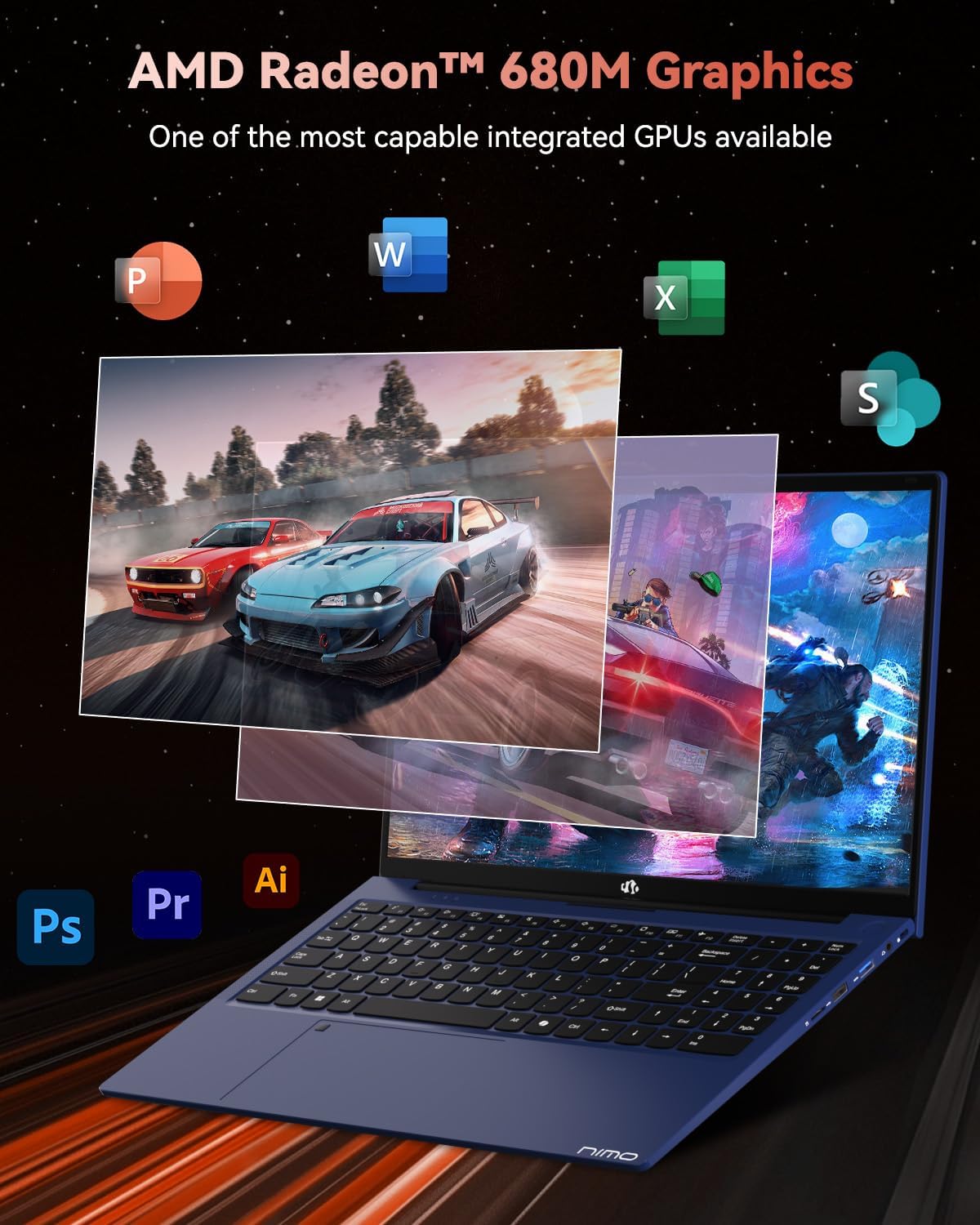 NIMO 15.6' Light-Gaming-Laptop, 8 Cores AMD Ryzen 7 Pro 6850U 32GB LPDDR5 RAM 2TB SSD (Beat i7-1360P Up to 4.7GHz) AMD Radeon 680M GPU IPS FHD Computer with 100W Type-C Fingerprint Backlit Keyboard