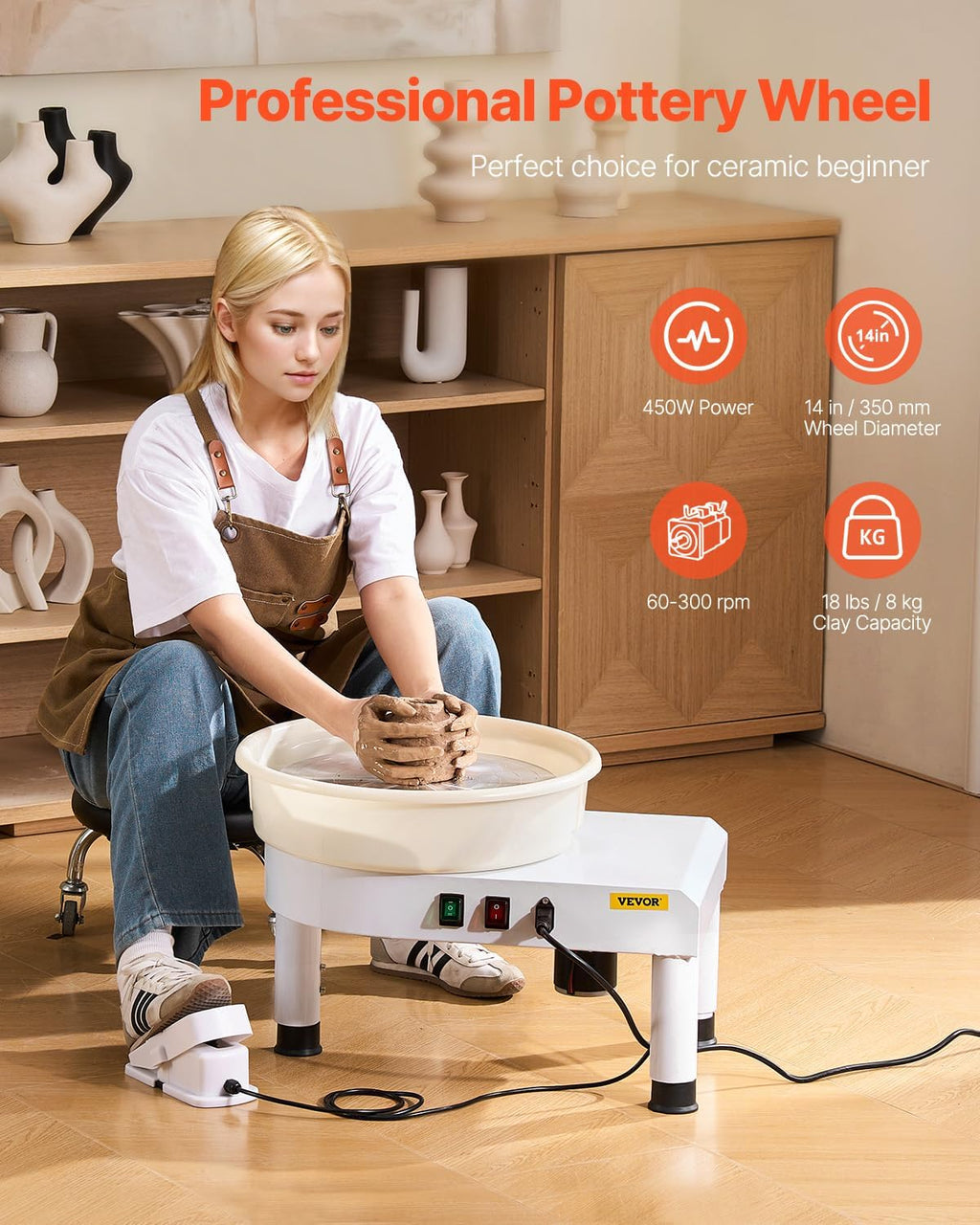 VEVOR 14in/35cm Pottery Wheel for Adults, 0-6in Lift-Table 450W Professional Pottery Kit with Foot Pedal Detachable Basin DIY Art Clay Potter's Wheel for Kids Adults Beginners at Home Pottery, White