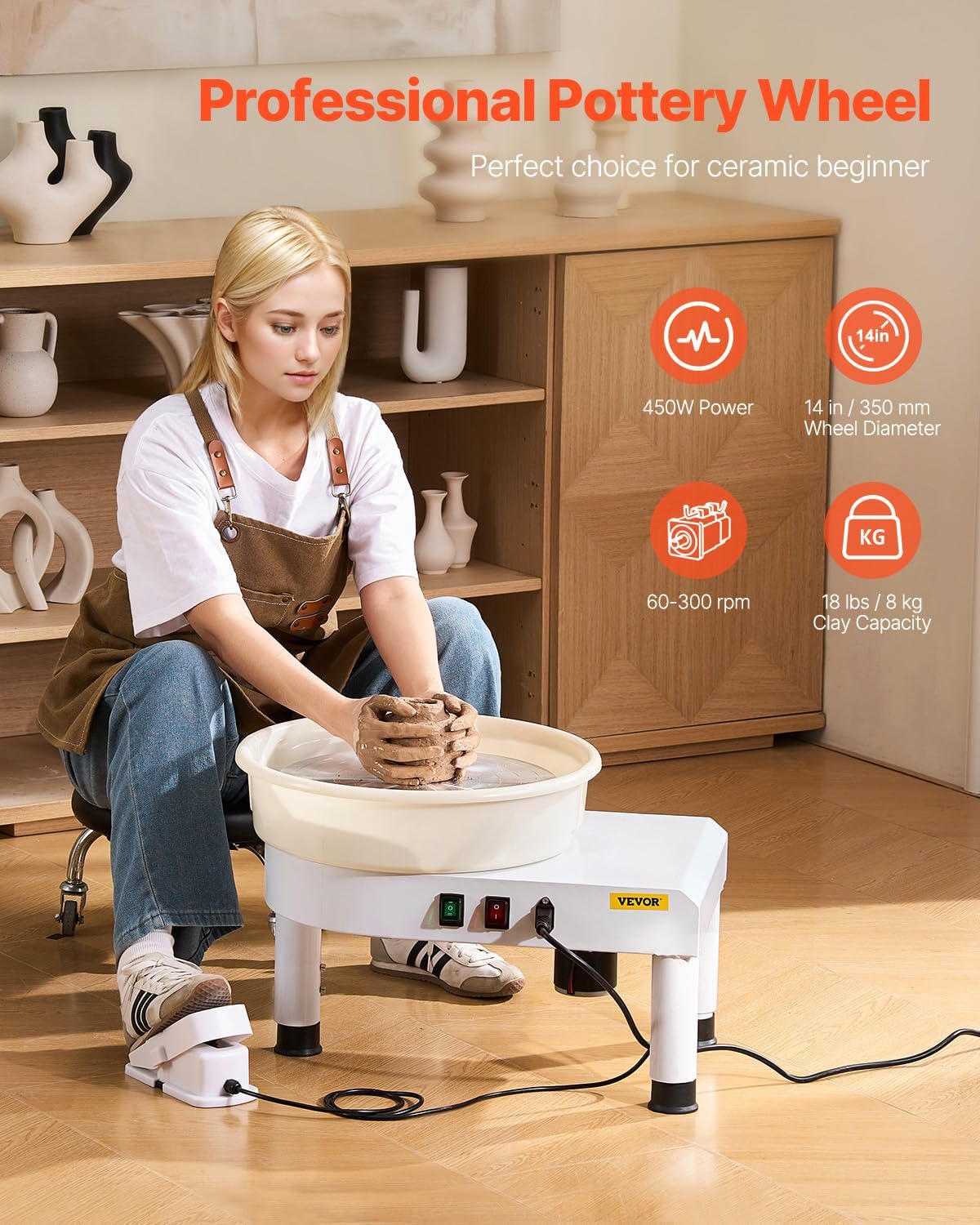 VEVOR 14in/35cm Pottery Wheel for Adults, 0-6in Lift-Table 450W Professional Pottery Kit with Foot Pedal Detachable Basin DIY Art Clay Potter's Wheel for Kids Adults Beginners at Home Pottery, White