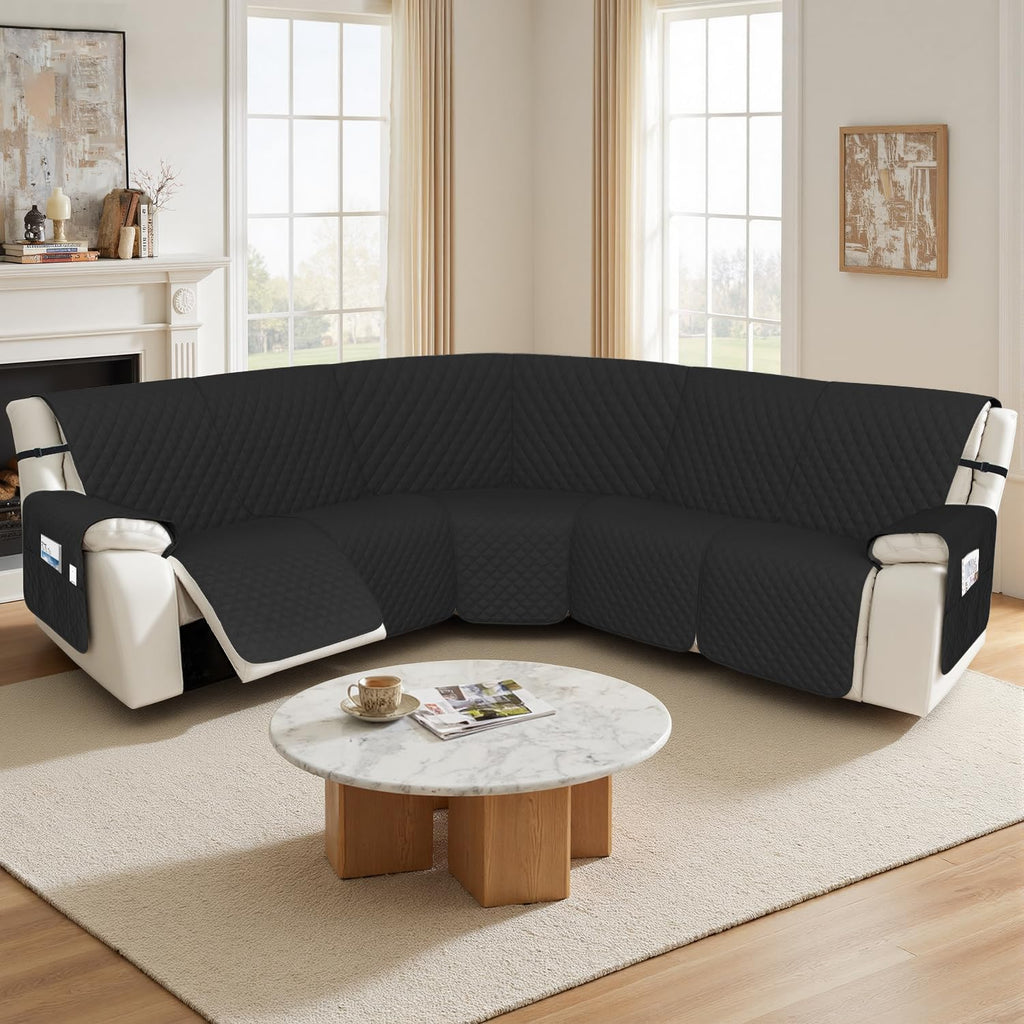 Arfntevss Recliner Sectional Couch Covers 1OO% Waterproof L Shape Sofa Cover for Reclining L Shaped Sectional Slipcover Set for Dog Washable Corner Non Slip Furniture Protector (5 Seater, Black)