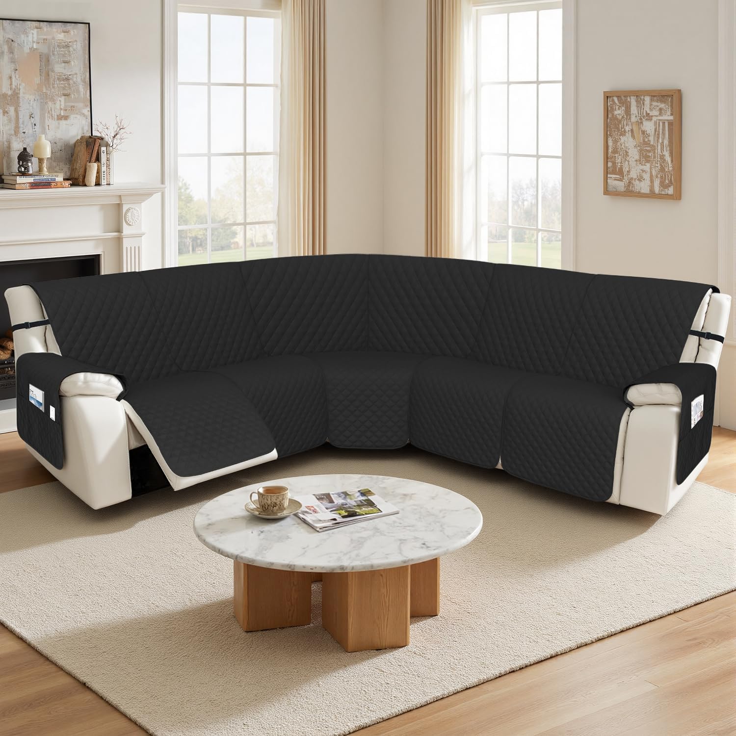 Arfntevss Recliner Sectional Couch Covers 1OO% Waterproof L Shape Sofa Cover for Reclining L Shaped Sectional Slipcover Set for Dog Washable Corner Non Slip Furniture Protector (5 Seater, Black)