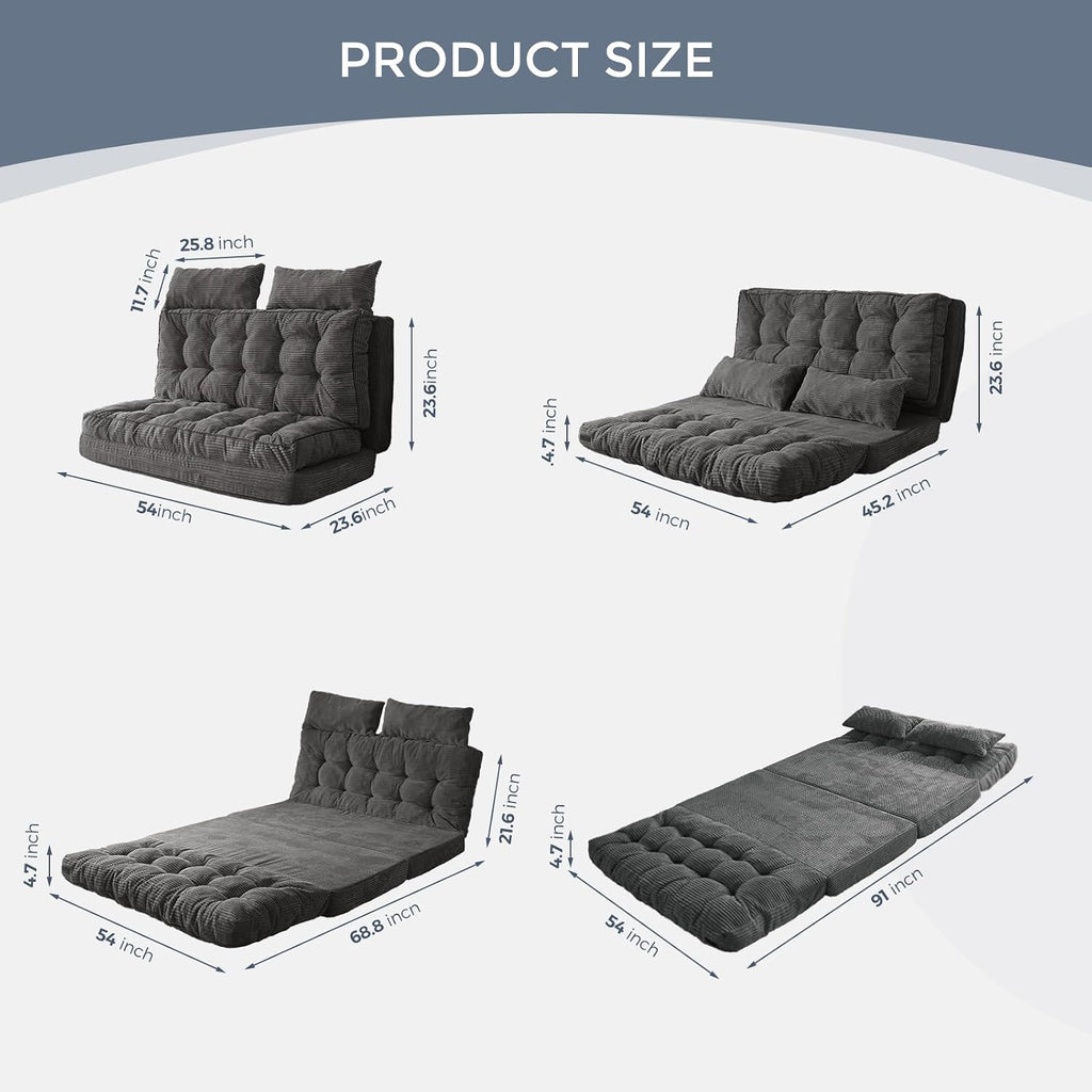 MAXYOYO Folding Sofa Bed, Tufted Bean Bag Bed with Pillows Floor Mattress for Adults, Extra Thick and Long Floor Sofa, Full Couch for Bedroom Living Room, Dark Grey, 54x91 Inch