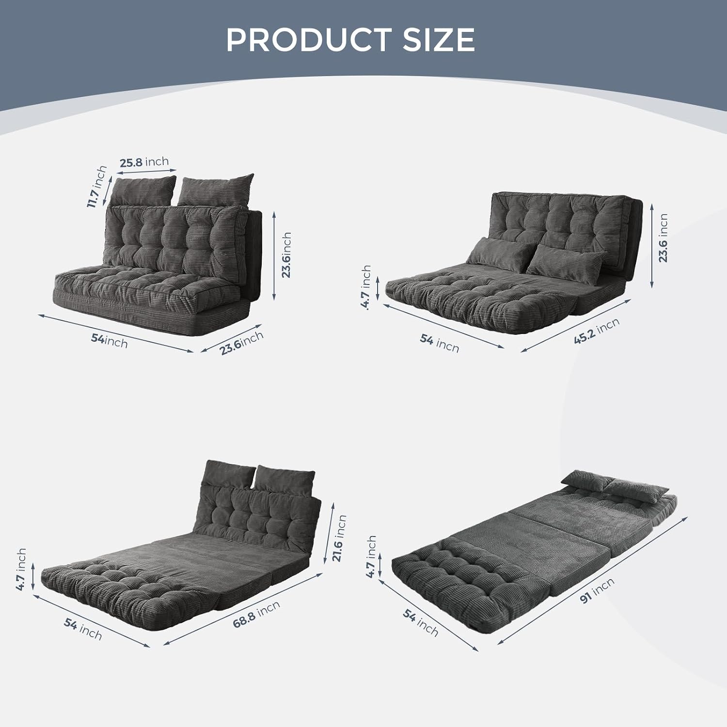 MAXYOYO Folding Sofa Bed, Tufted Bean Bag Bed with Pillows Floor Mattress for Adults, Extra Thick and Long Floor Sofa, Full Couch for Bedroom Living Room, Dark Grey, 54x91 Inch