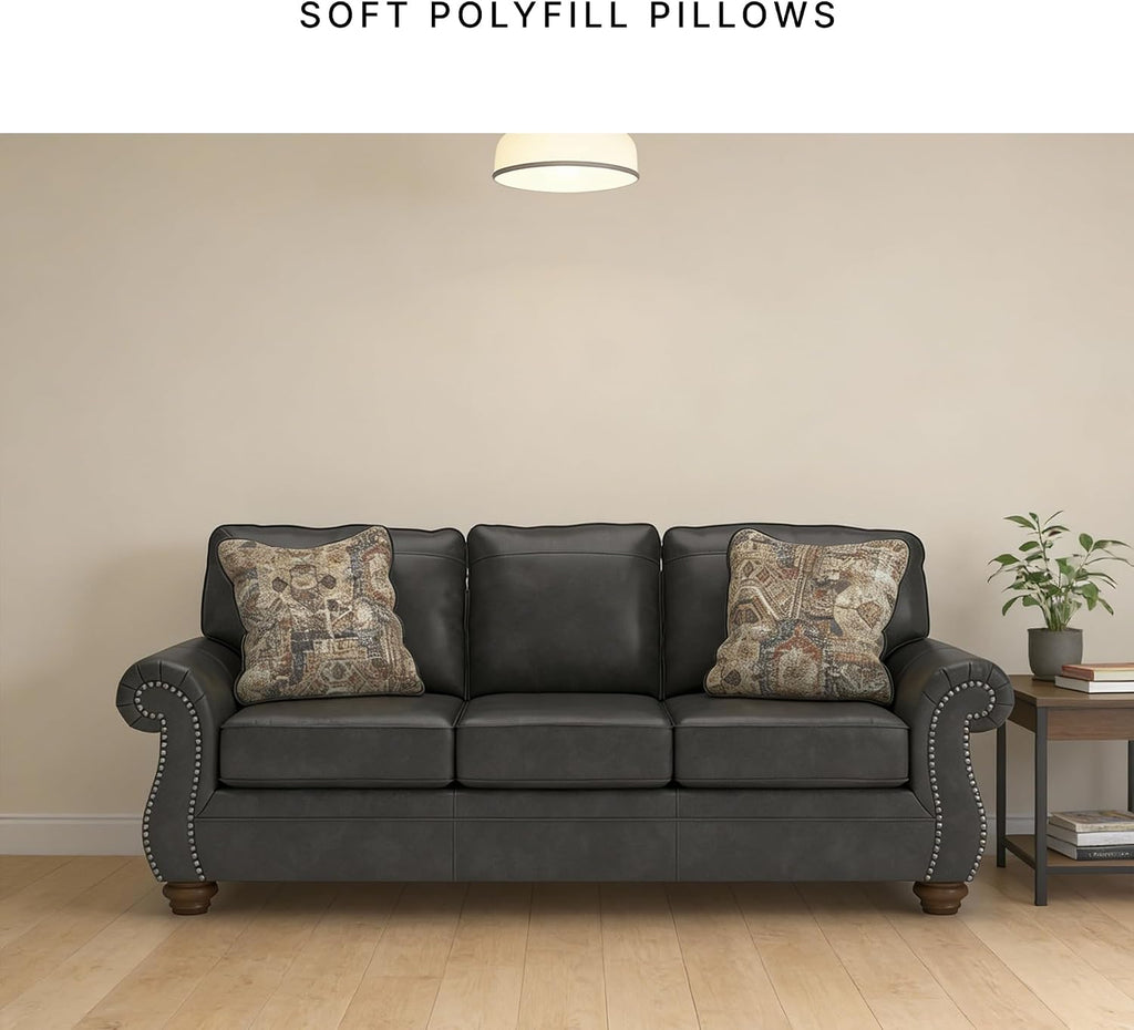 Signature Design by Ashley Chatterton Rustic Faux Leather Queen Sofa Sleeper with Bi-Fold Memory Foam Mattress, Nailhead Trim and 2 Throw Pillows, Queen, Black