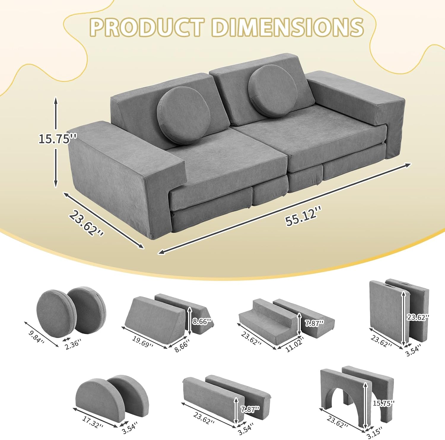 Karl home Kids Couch 14PCS, Modular Kids Play Couch, Multifunctional Foam Toddler Sofa,Climbing & Relaxation, Sectional Convertible Sofa Imaginative Furniture Play Set for Playroom, Grey