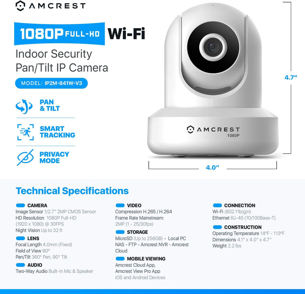 Amcrest Pack of 2, ProHD 1080P WiFi/Wireless IP Security Camera IP2M-841 Pan/Tilt, 2-Way Audio, Optional Cloud Recording, Full HD 1080P 2MP, Super Wide 90° Viewing Angle, Night Vision (White)