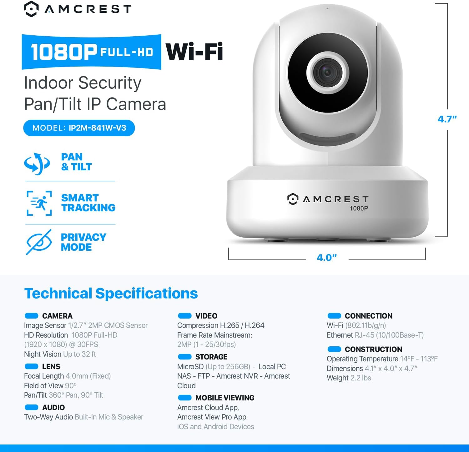 Amcrest Pack of 2, ProHD 1080P WiFi/Wireless IP Security Camera IP2M-841 Pan/Tilt, 2-Way Audio, Optional Cloud Recording, Full HD 1080P 2MP, Super Wide 90° Viewing Angle, Night Vision (White)