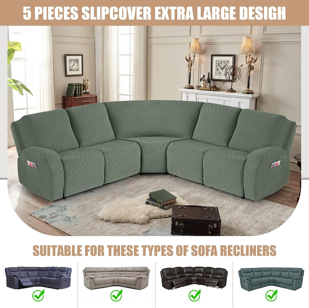 VANSOFY Extra Large Reclining Sectional Couch Covers, Washable 5-Piece Sofa Covers for L Shape Sectional Sofa Corner Seater, Thick, Soft Sofa Slipcovers (5 Seat Recliner Cover, Green)