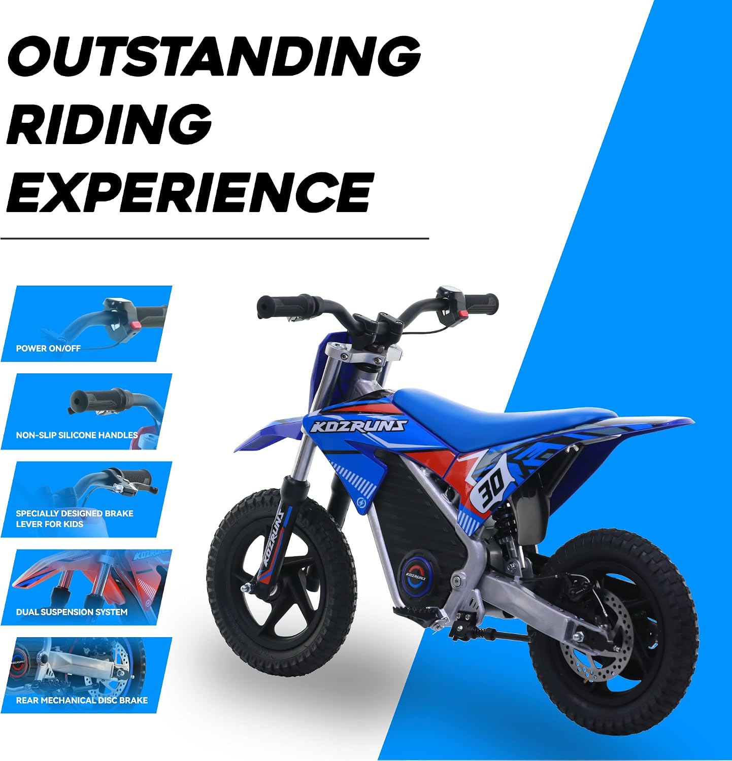 OLALA 36V Electric Dirt Bike for Kids 3-6, 250W Brushless Motor with 3-Speed Control, 15.5 MPH Max Speed, 12' Off-Road Tires Motorcycle, for Boys & Girls, Blue
