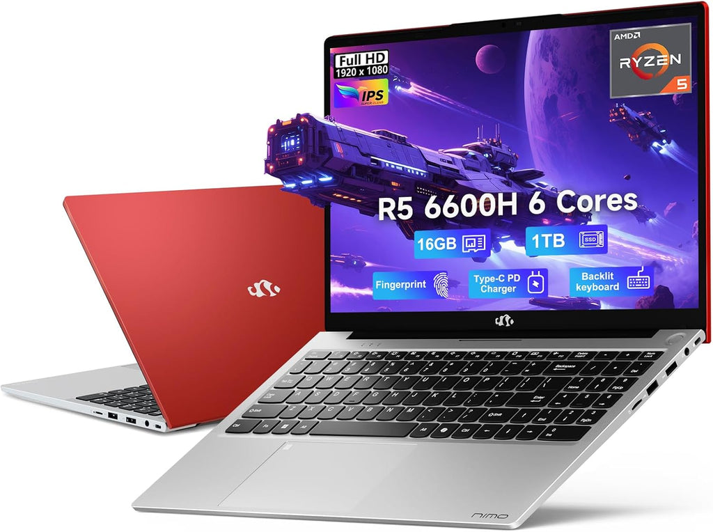 NIMO 15.6' IPS FHD-Gaming-Laptop, AMD Ryzen 5 6600H 6-Cores 660M GPU 16GB DDR5 RAM 1TB SSD(Beat i7-1165G7, Up to 4.5GHz) Computer with 100W GaN Type C Fingerprint Backlit Keyboard Win 11