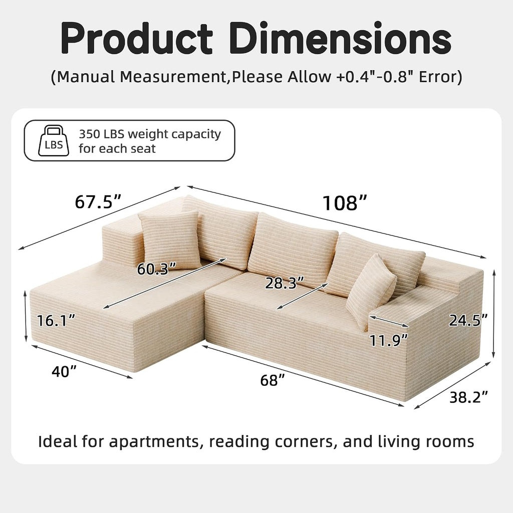 Bashaw 108' Modular Sectional Sofa Couches with Chaise, L-Shape Boneless Couch Deep Seat Upholstered Boneless Sectional Couch for Living Room (Beige, 108' Left Facing Chaise)