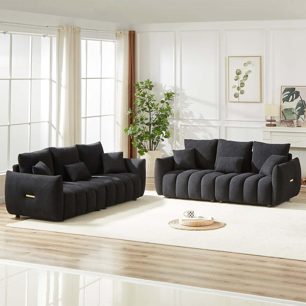Antetek Teddy Sofa Set for Living Room, Modern Deep Seat Sofa Chair and Oversized 3-Seater Cloud Boucle Couch for Bedroom, Office, Apartment, Furniture Set, Black (2 Piece)