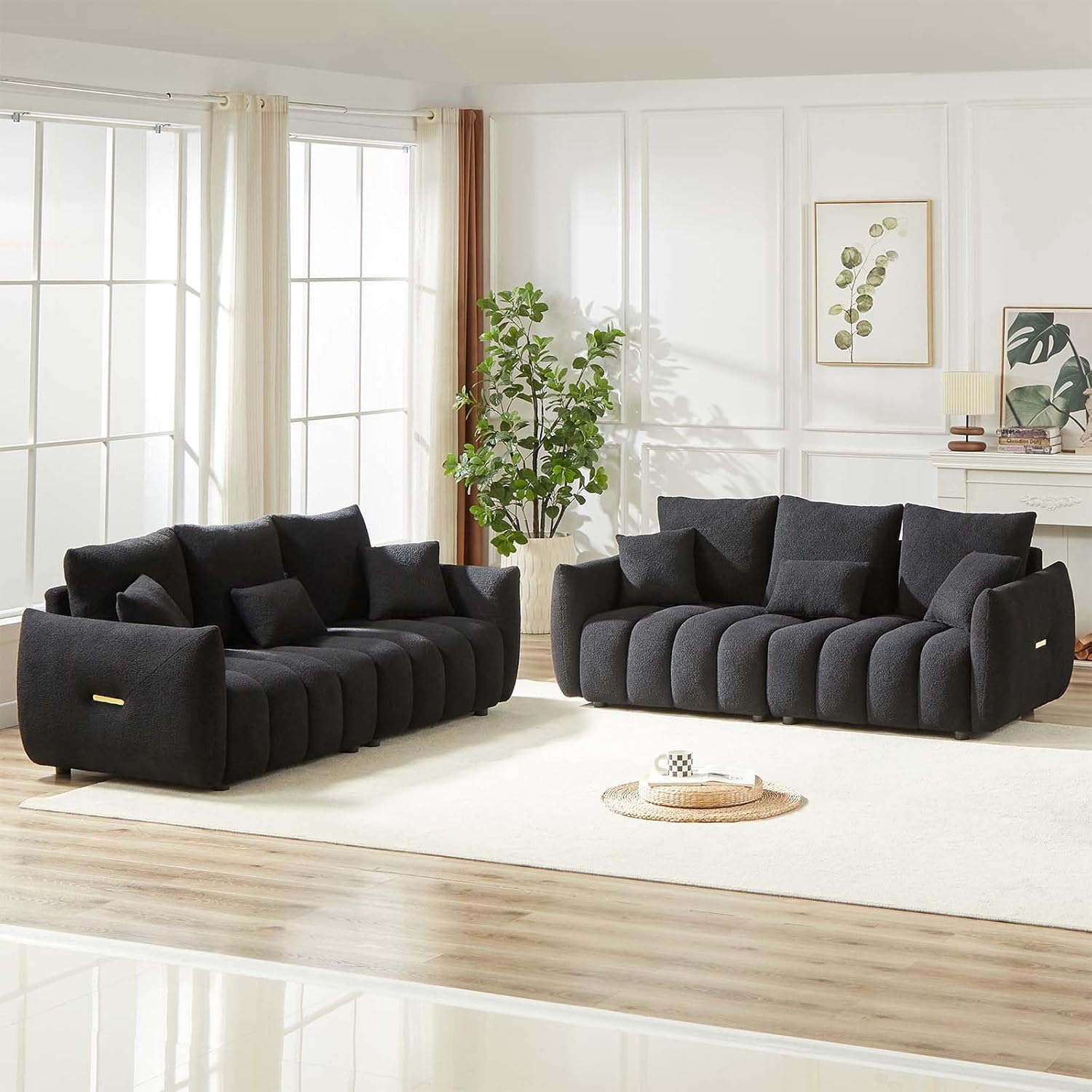 Antetek Teddy Sofa Set for Living Room, Modern Deep Seat Sofa Chair and Oversized 3-Seater Cloud Boucle Couch for Bedroom, Office, Apartment, Furniture Set, Black (2 Piece)