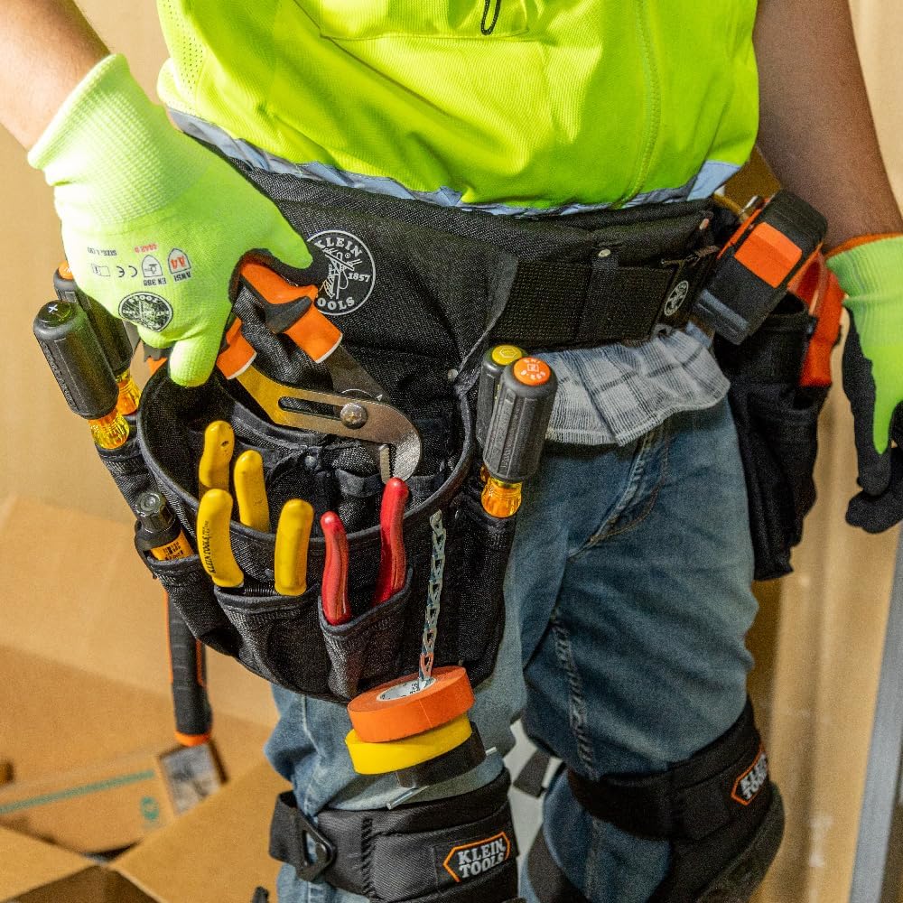 Klein Tools 5710L Electrician's Padded Tool Belt/Pouch Combo, 27 Pockets, 4-Piece, Large, Reinforced Bottom Pouches, Heavy Duty Nylon Webbing, Double Stitched